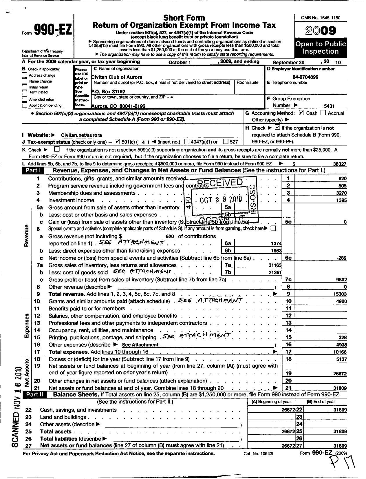 Image of first page of 2009 Form 990EO for Civitan International / Rocky Mountain Aurora Co