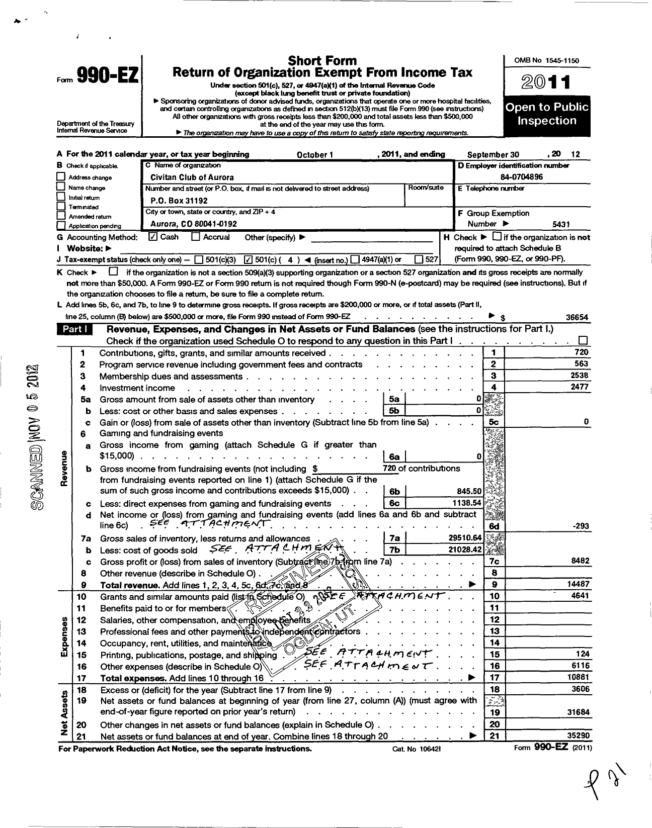 Image of first page of 2011 Form 990EO for Civitan International / Rocky Mountain Aurora Co