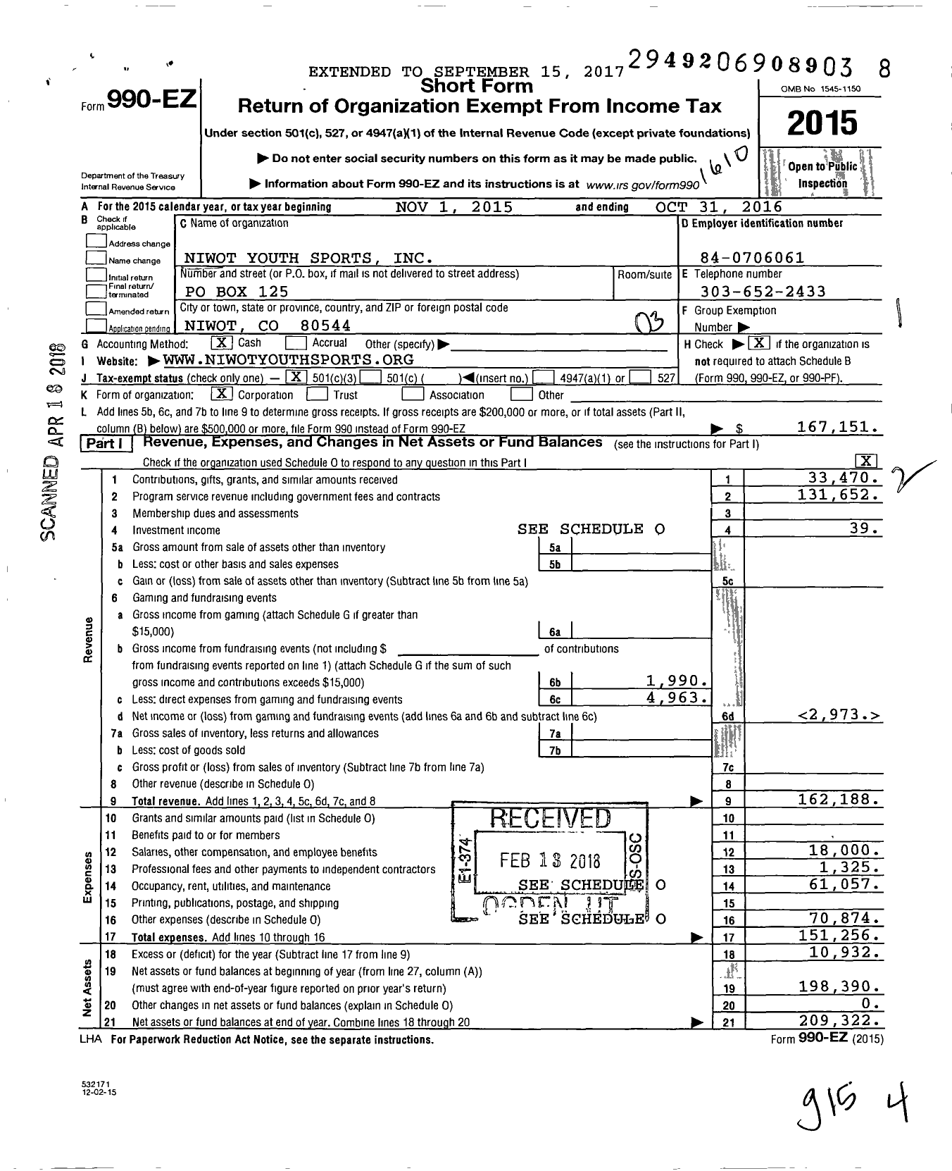 Image of first page of 2015 Form 990EZ for Niwot Youth Sports