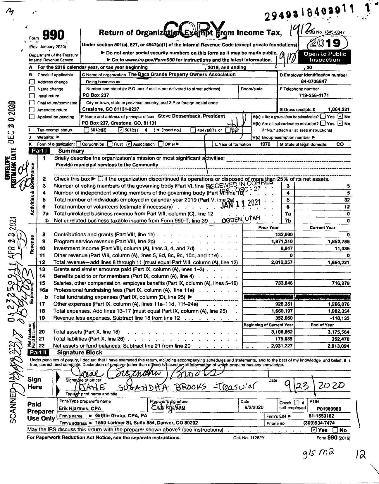 Image of first page of 2019 Form 990O for The Baca Grande Property Owners Association