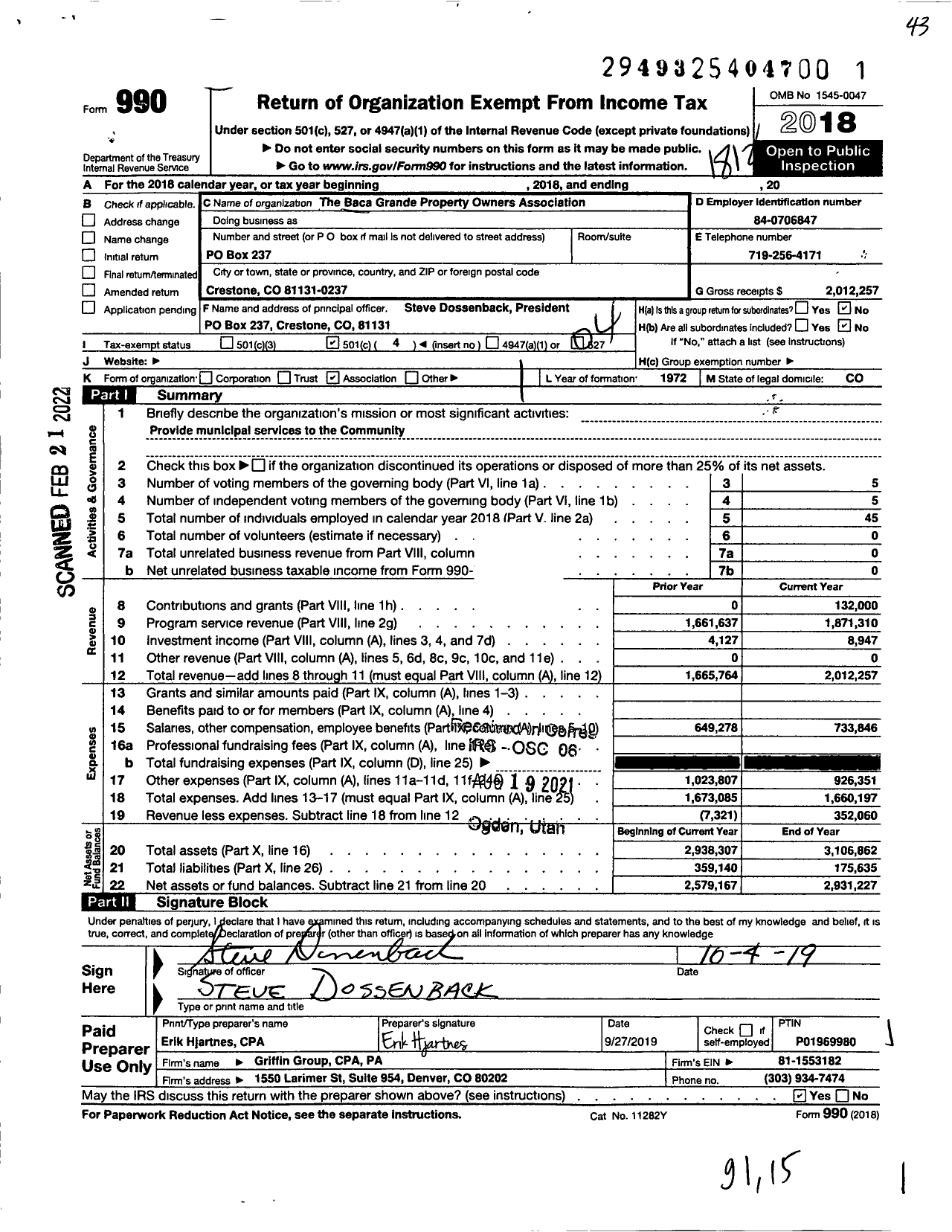 Image of first page of 2018 Form 990O for The Baca Grande Property Owners Association