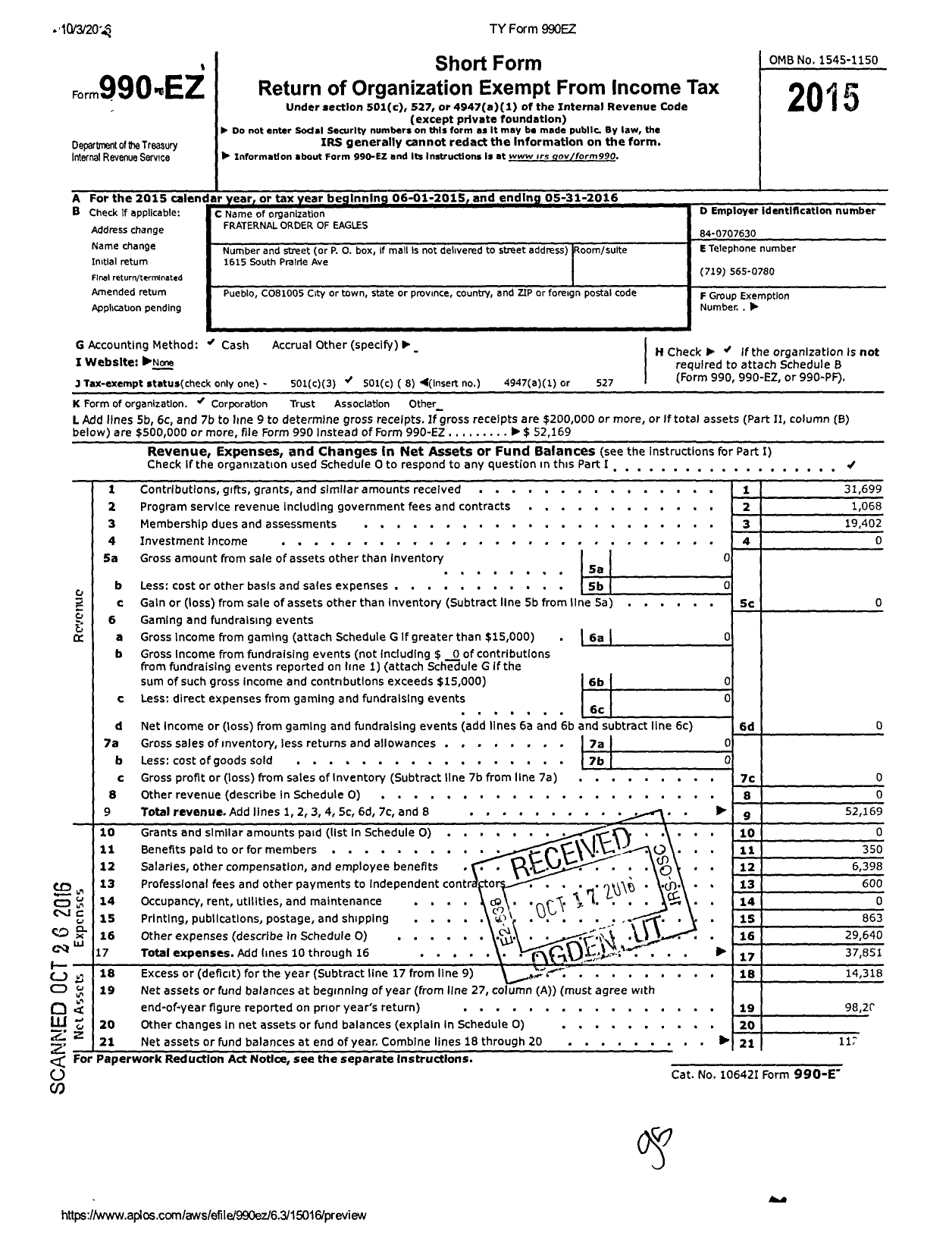 Image of first page of 2015 Form 990EO for Fraternal Order of Eagles - 145 Aux