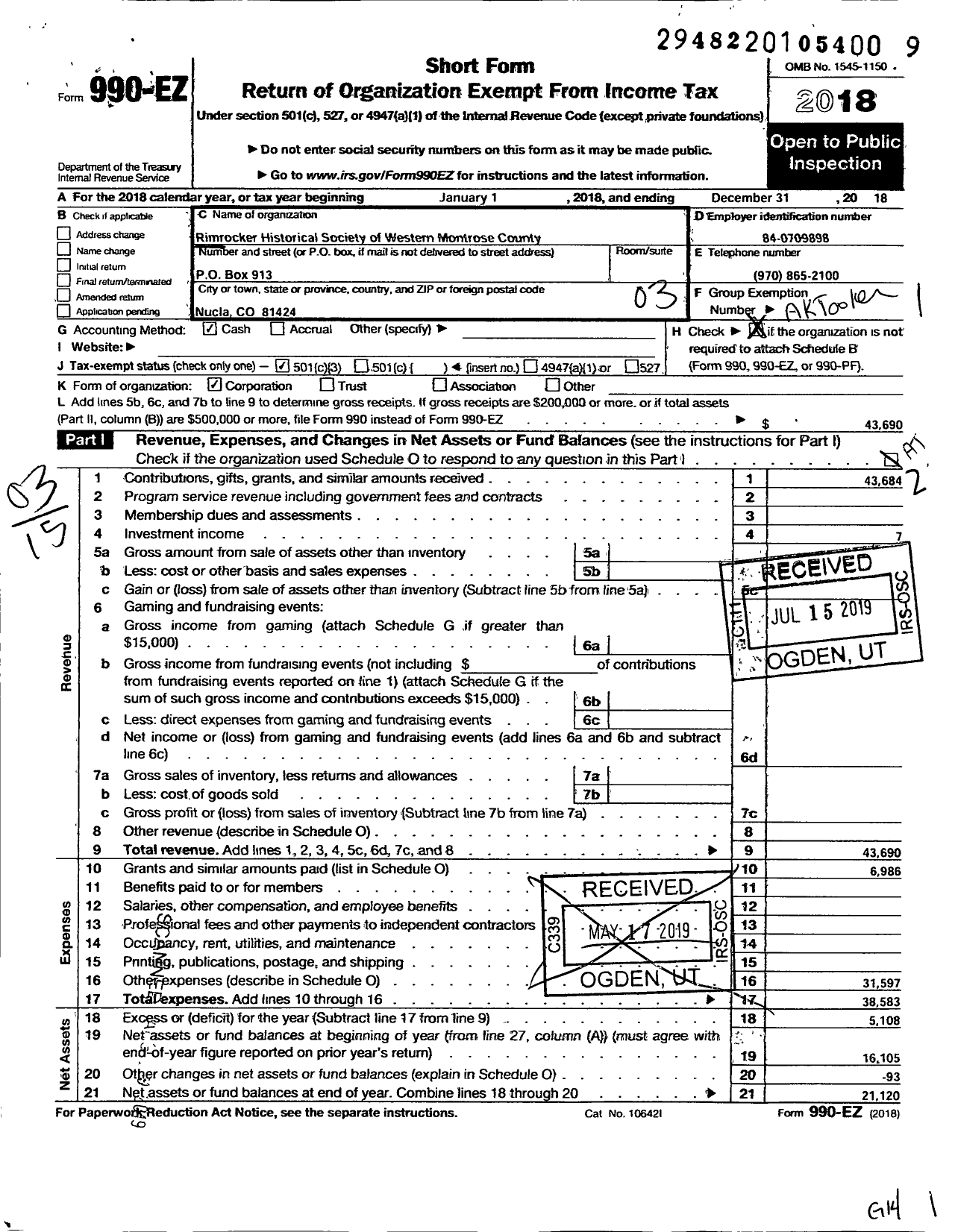 Image of first page of 2018 Form 990EZ for Rimrocker Historical Society of Western Montrose County