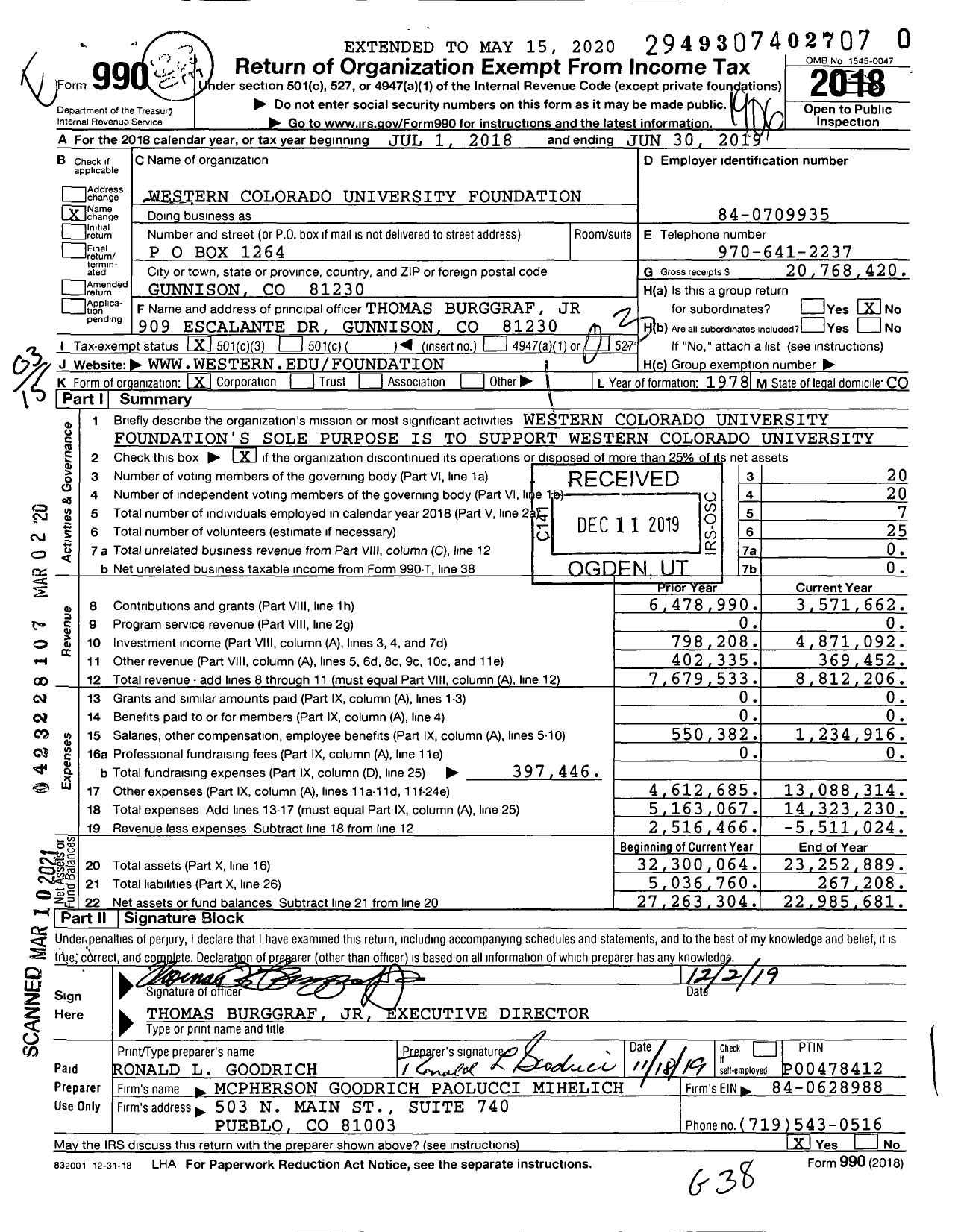 Image of first page of 2018 Form 990 for Western Colorado University Foundation