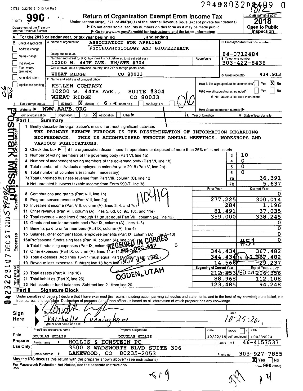 Image of first page of 2018 Form 990O for Association for Applied Psychophysiology and Biofeedback