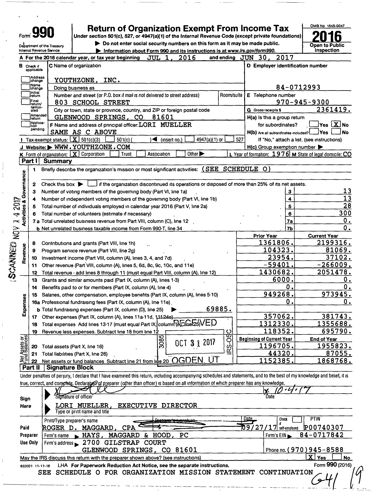 Image of first page of 2016 Form 990 for YouthZone