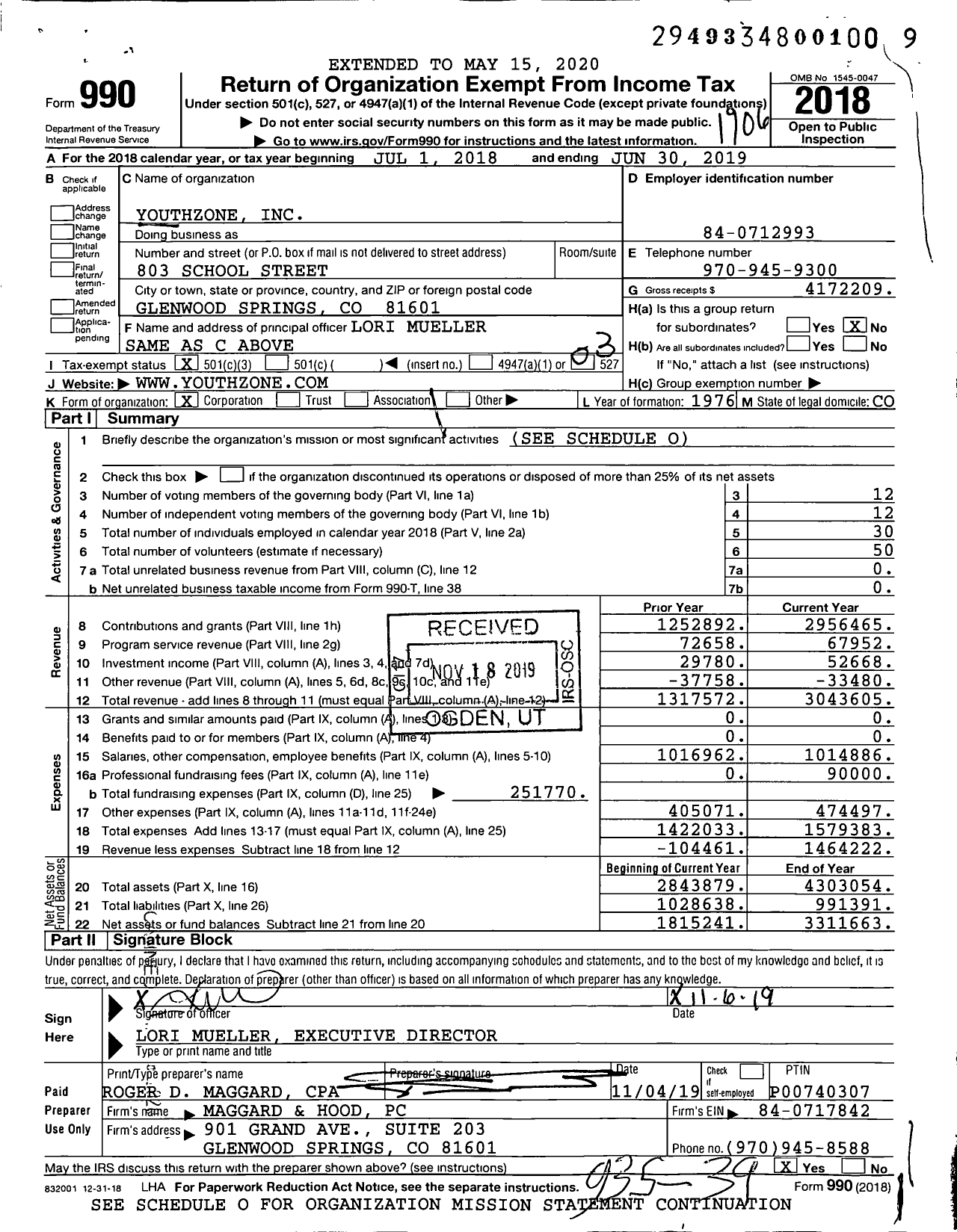 Image of first page of 2018 Form 990 for YouthZone