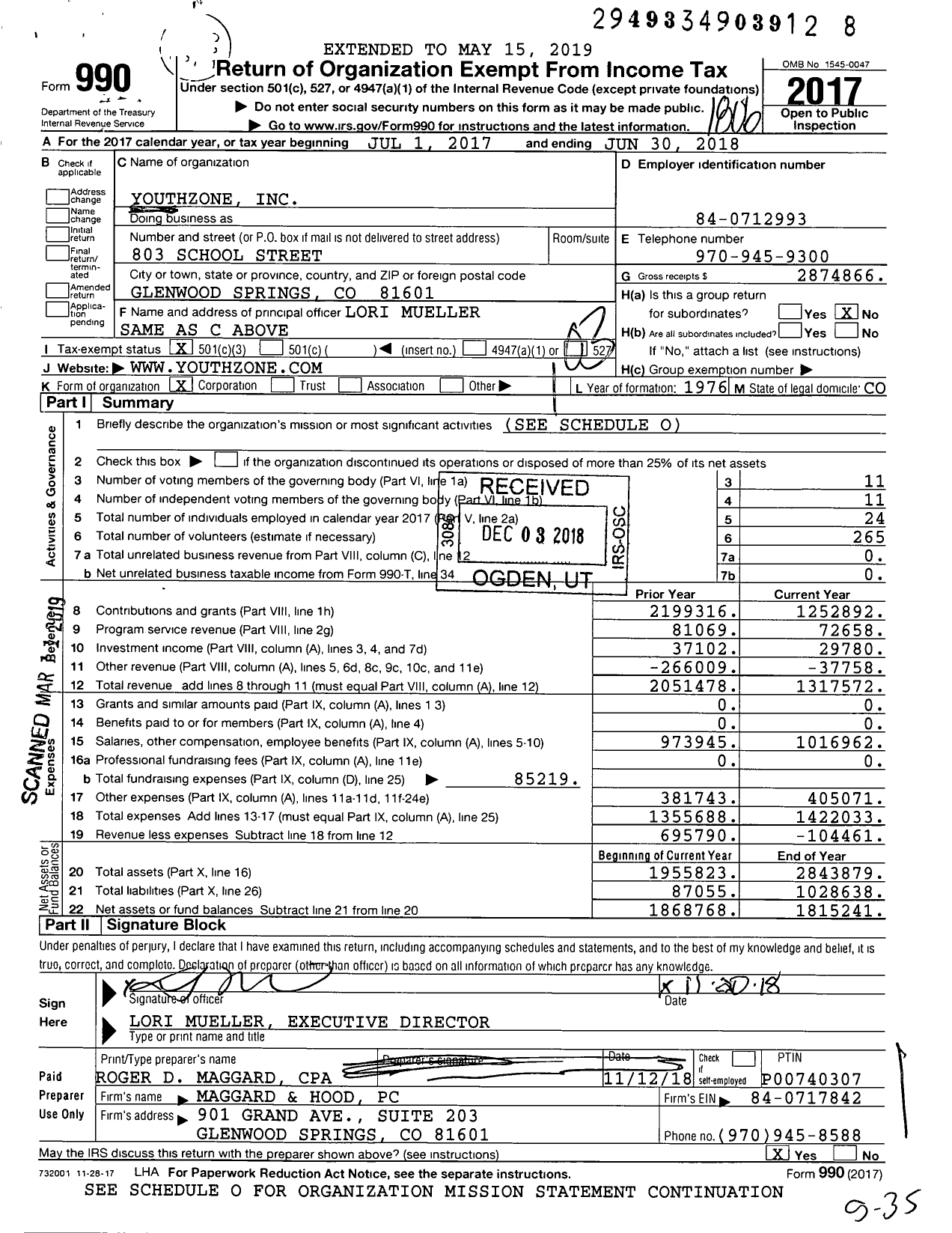 Image of first page of 2017 Form 990 for YouthZone