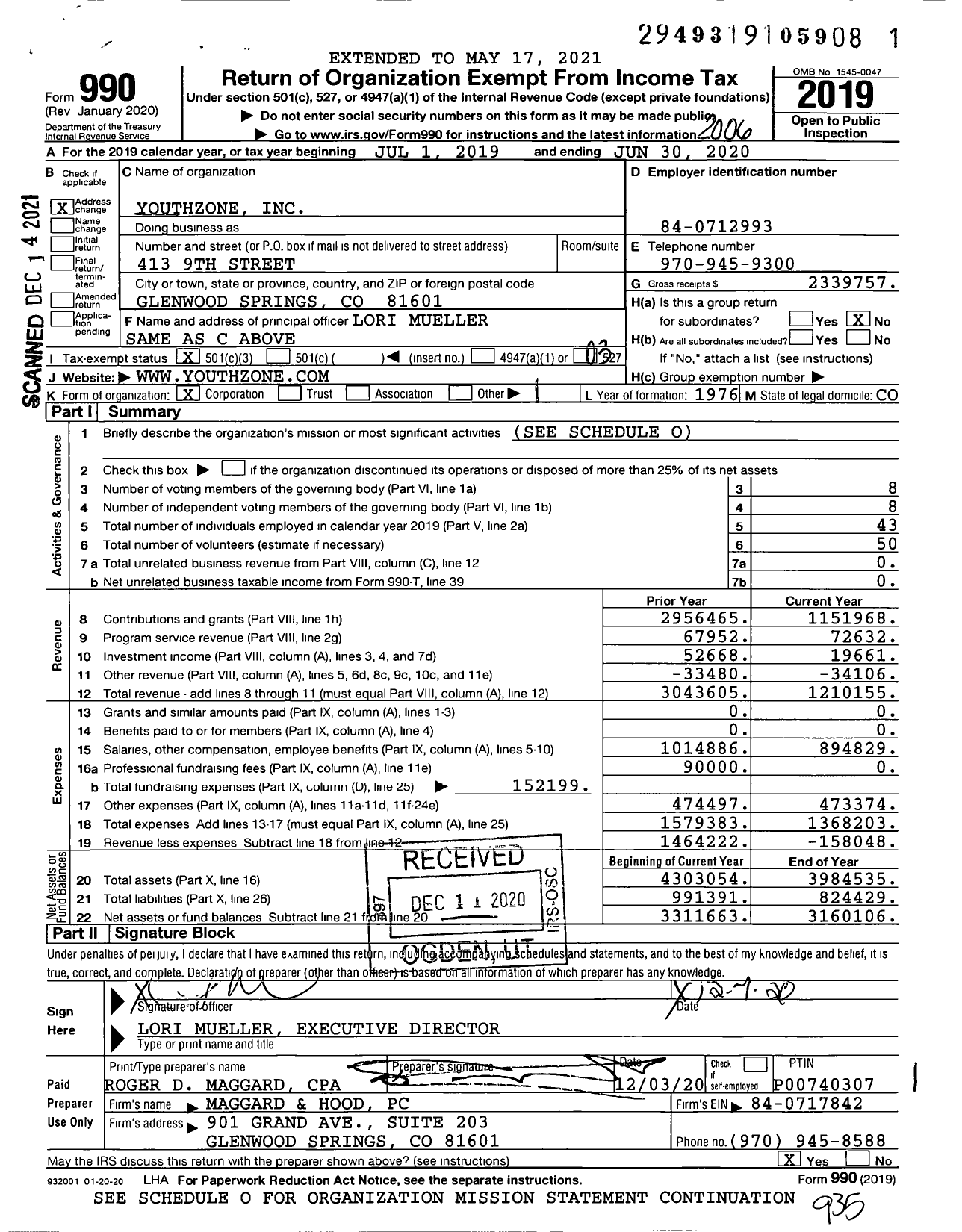 Image of first page of 2019 Form 990 for YouthZone