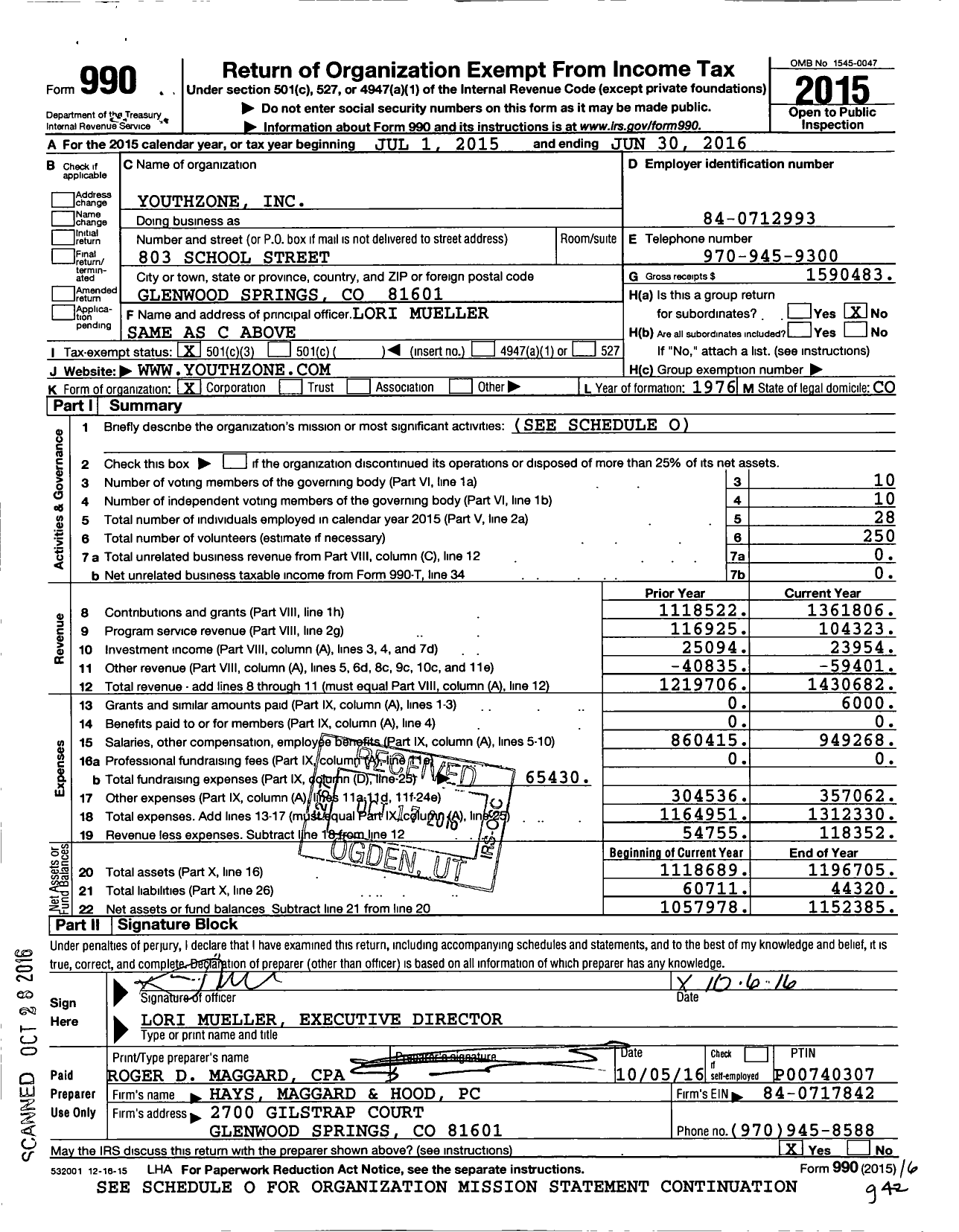 Image of first page of 2015 Form 990 for YouthZone