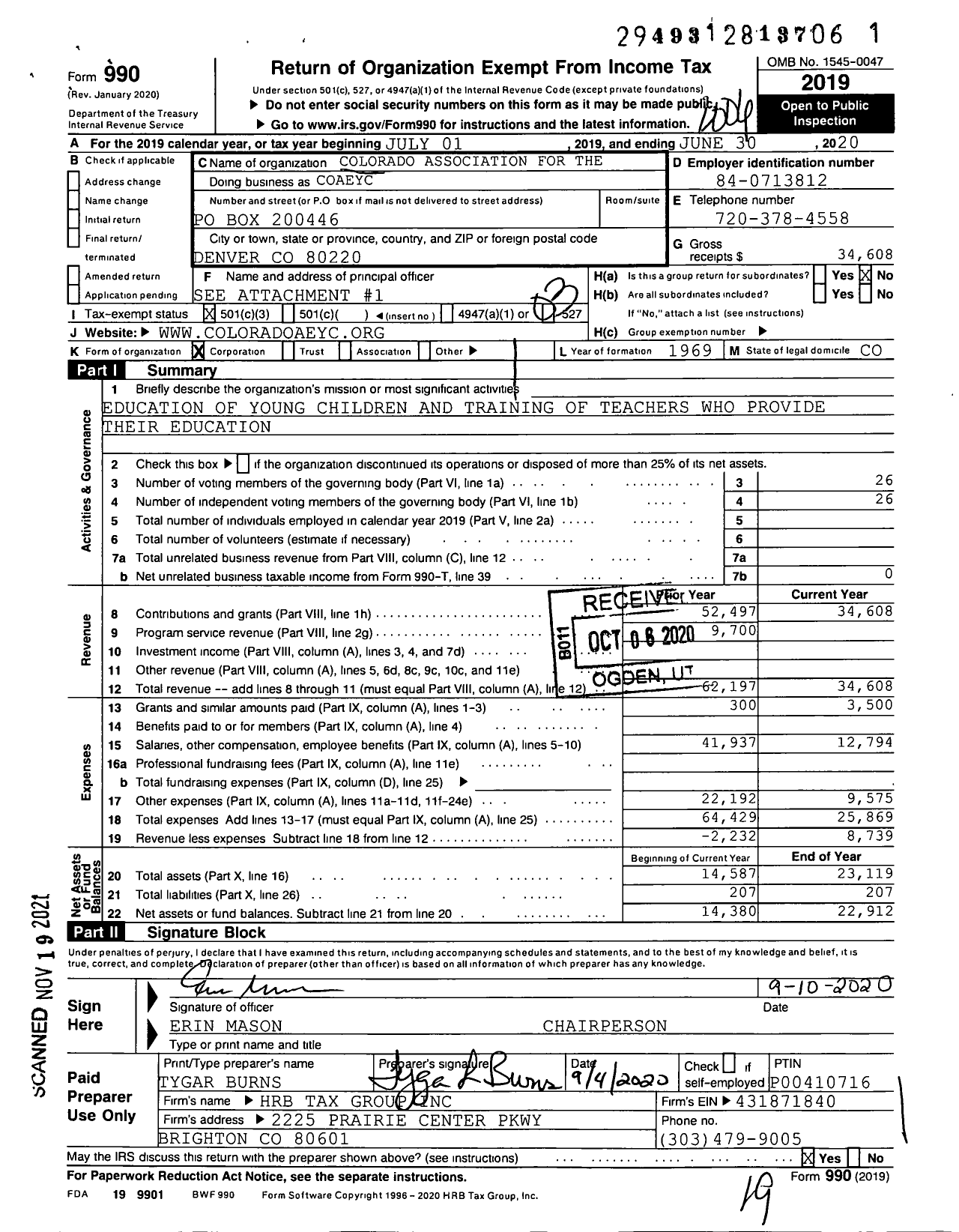 Image of first page of 2019 Form 990 for Colorado Association for the Education of Young Children