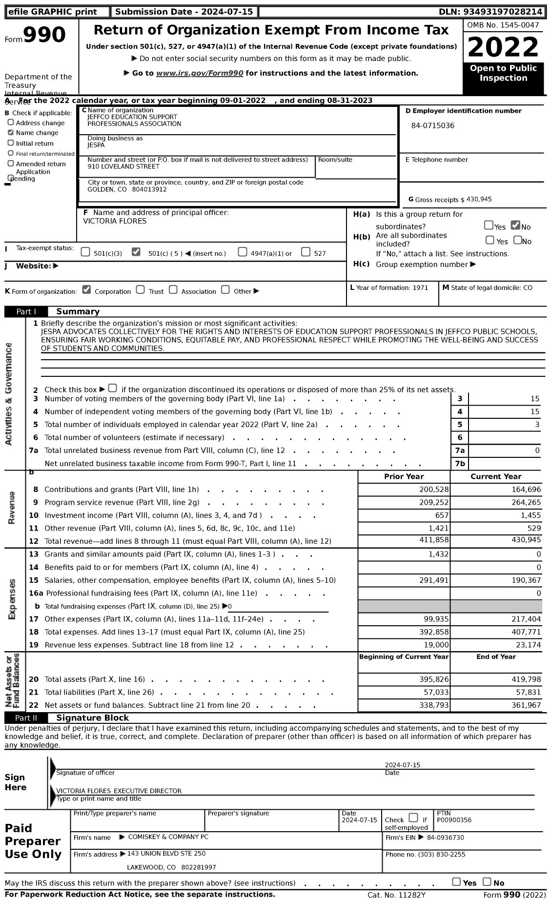 Image of first page of 2022 Form 990 for Jeffco Education Support Professionals Association (JESPA)