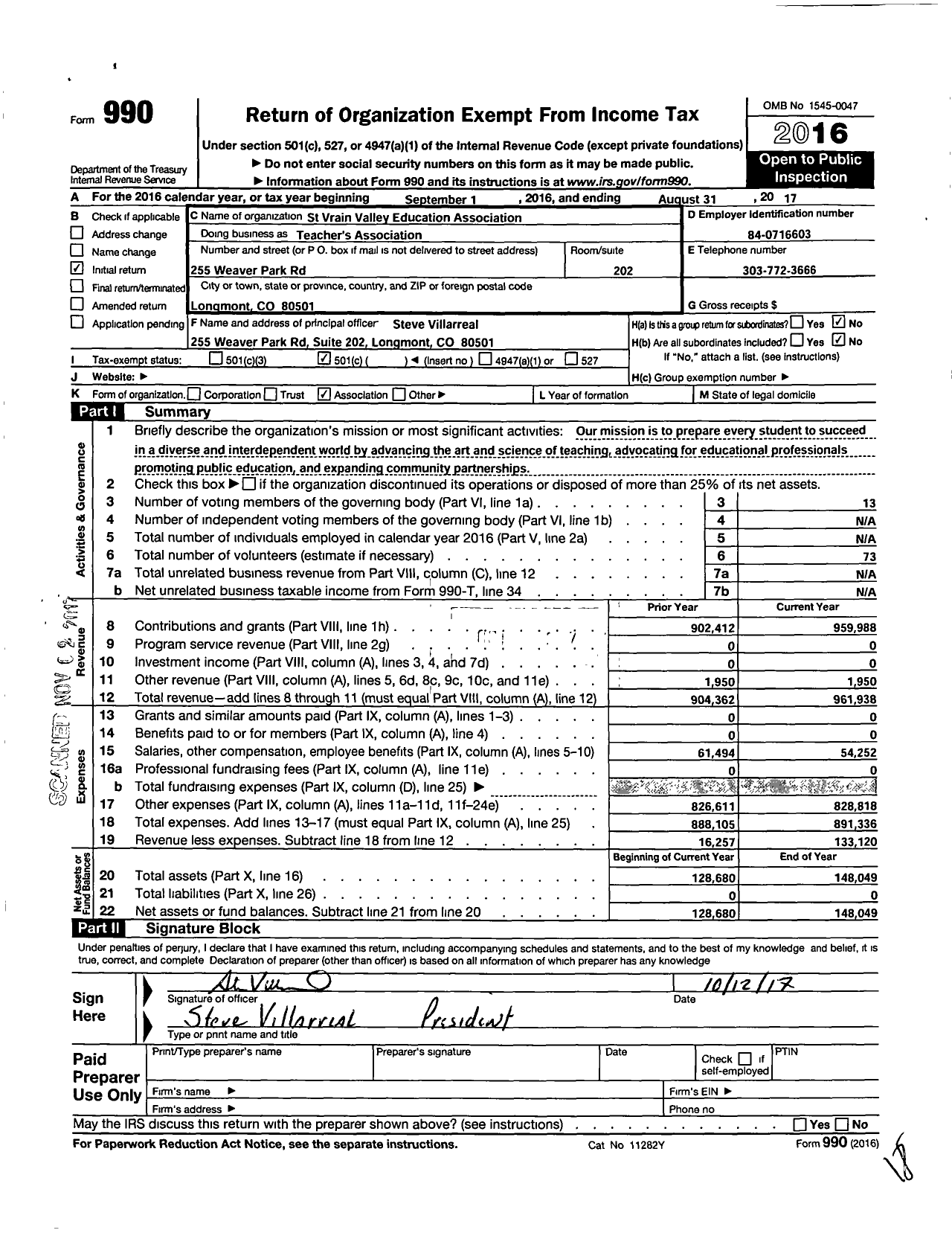 Image of first page of 2016 Form 990O for Teachers Association