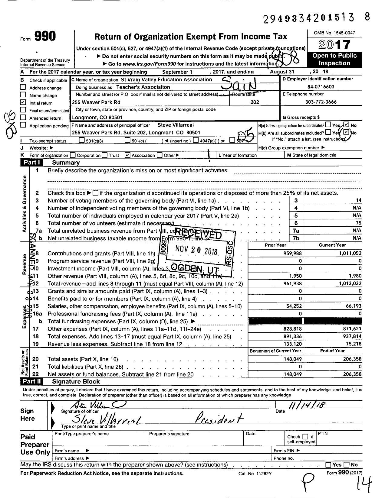 Image of first page of 2017 Form 990O for Teachers Association