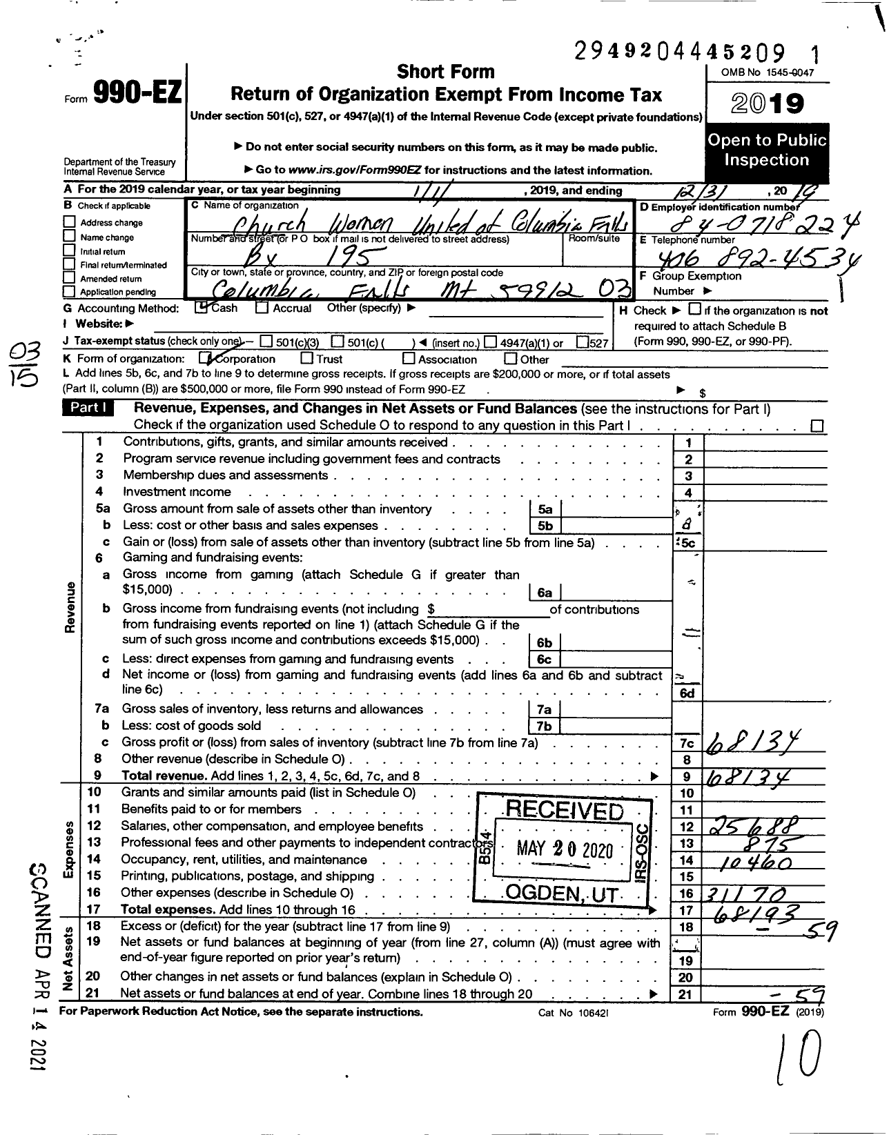 Image of first page of 2019 Form 990EZ for Church Women United of Columbia Falls