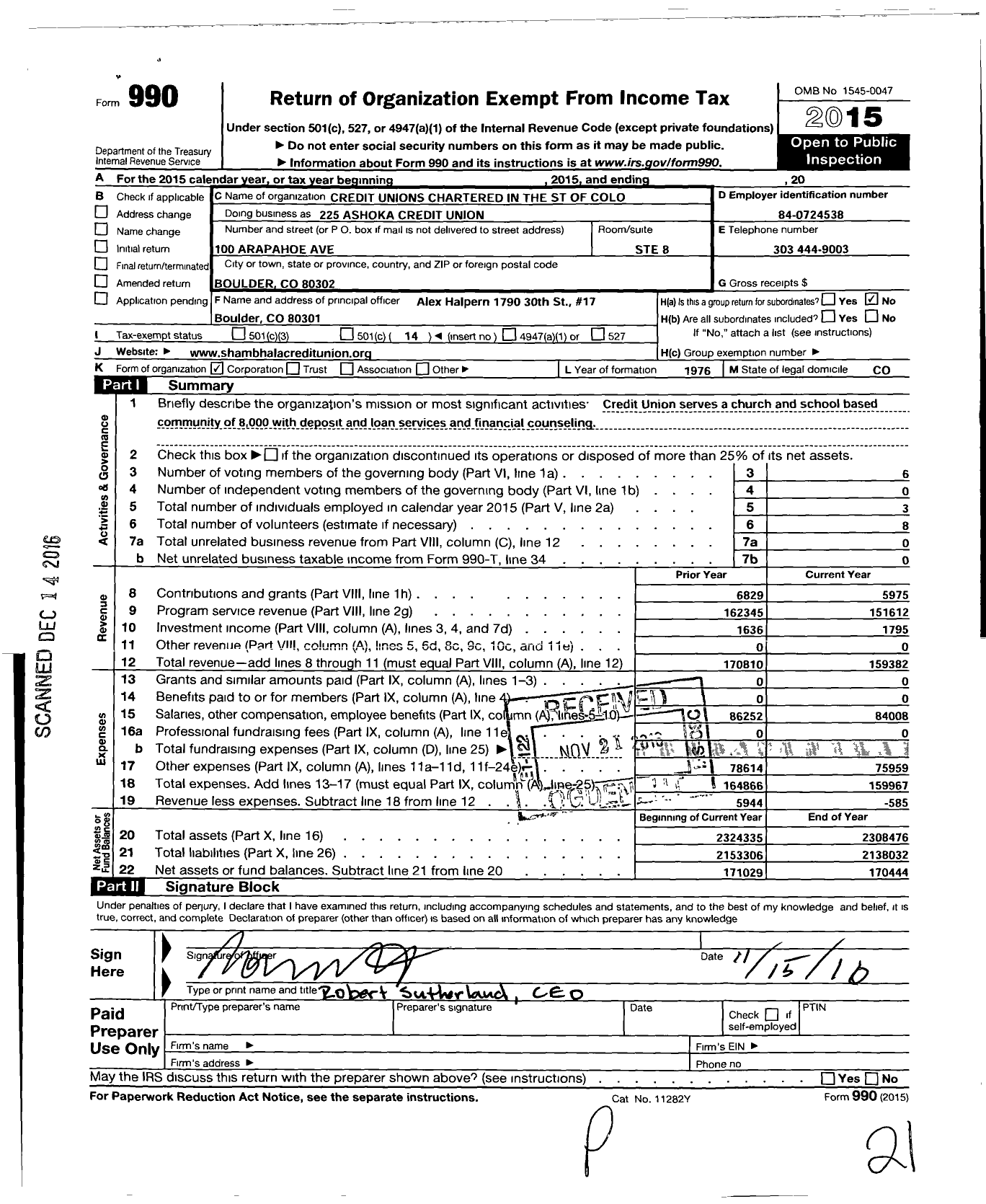 Image of first page of 2015 Form 990O for Credit Unions Chartered in the State of Colorado - 225 Shambhala Credit Union