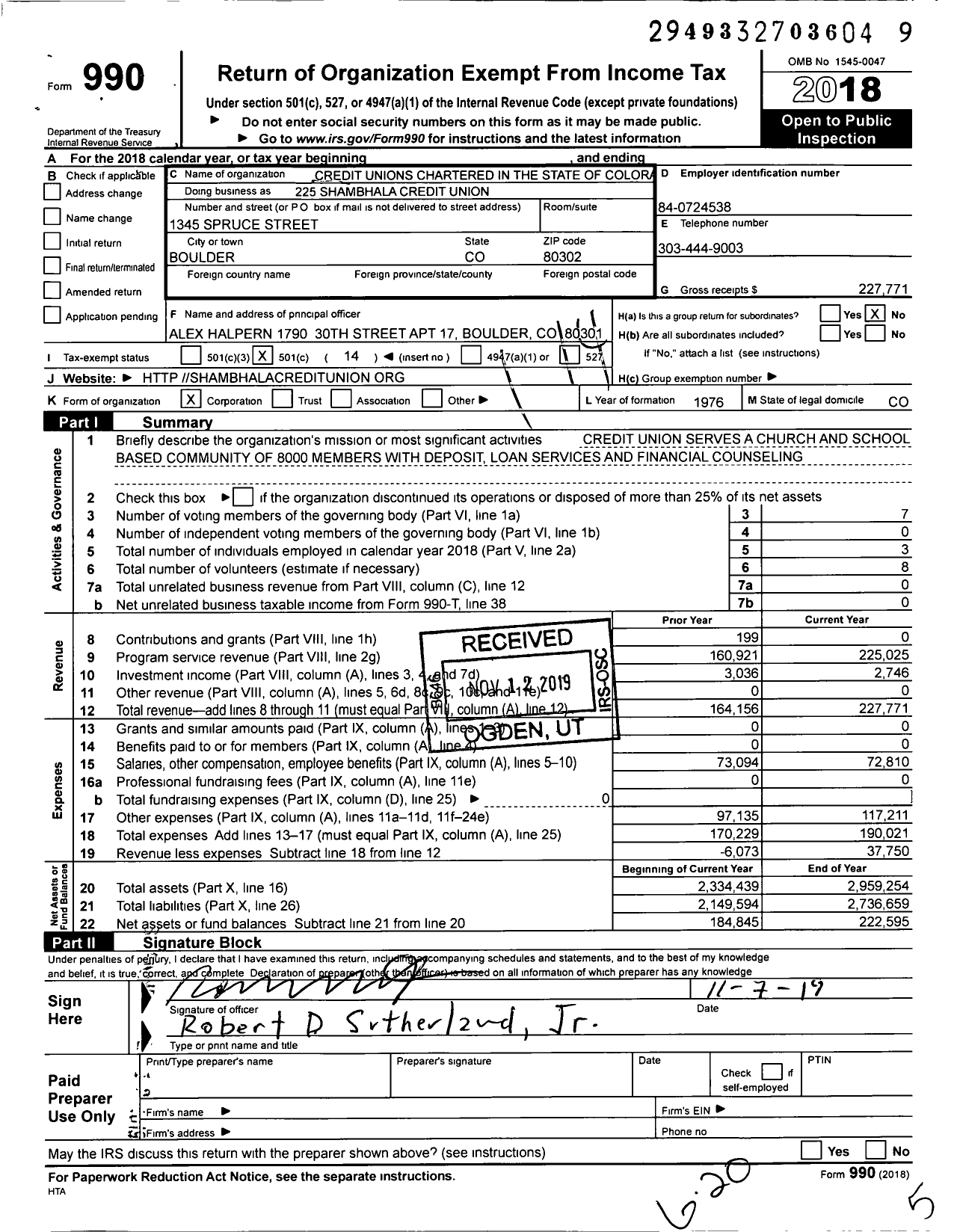 Image of first page of 2018 Form 990O for Credit Unions Chartered in the State of Colorado - 225 Shambhala Credit Union