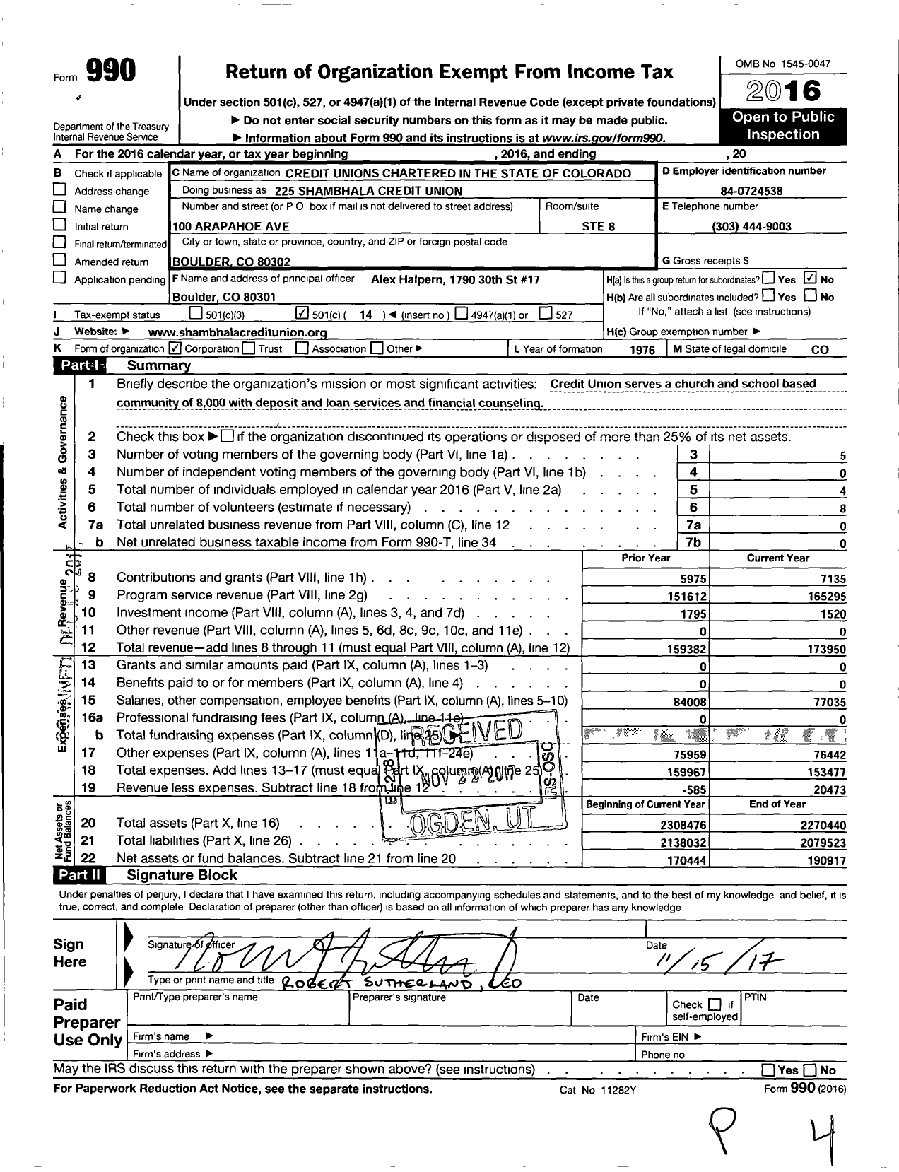 Image of first page of 2016 Form 990O for Credit Unions Chartered in the State of Colorado - 225 Shambhala Credit Union