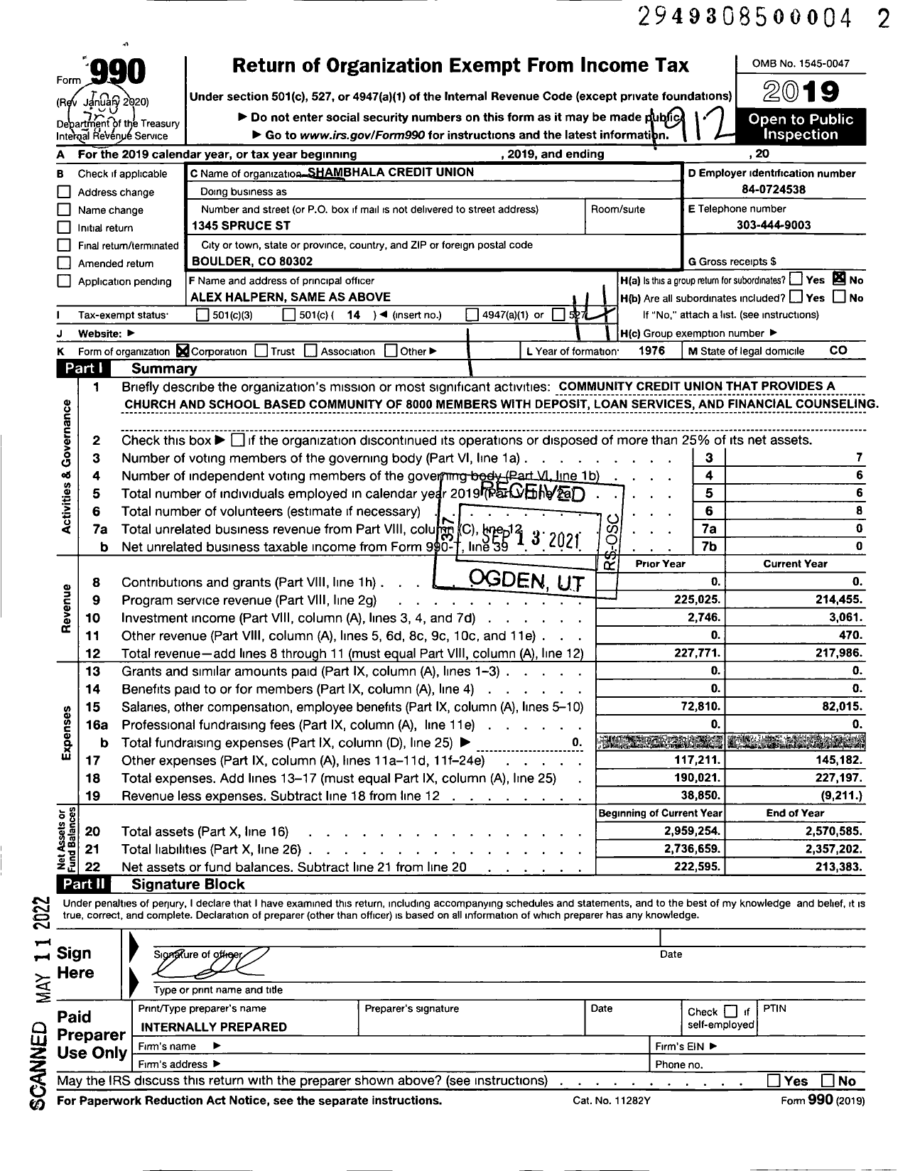 Image of first page of 2019 Form 990O for Credit Unions Chartered in the State of Colorado - 225 Shambhala Credit Union