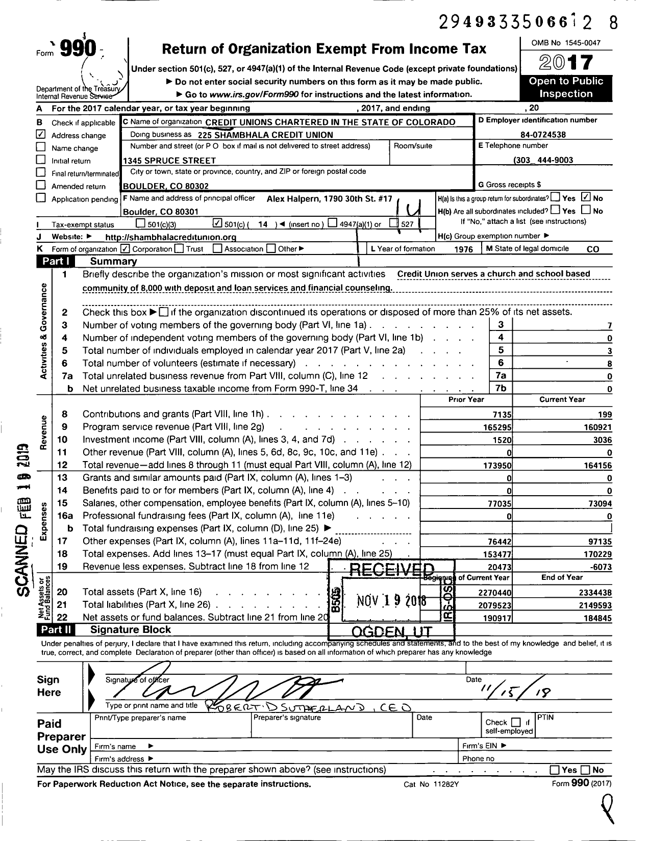Image of first page of 2017 Form 990O for Credit Unions Chartered in the State of Colorado - 225 Shambhala Credit Union