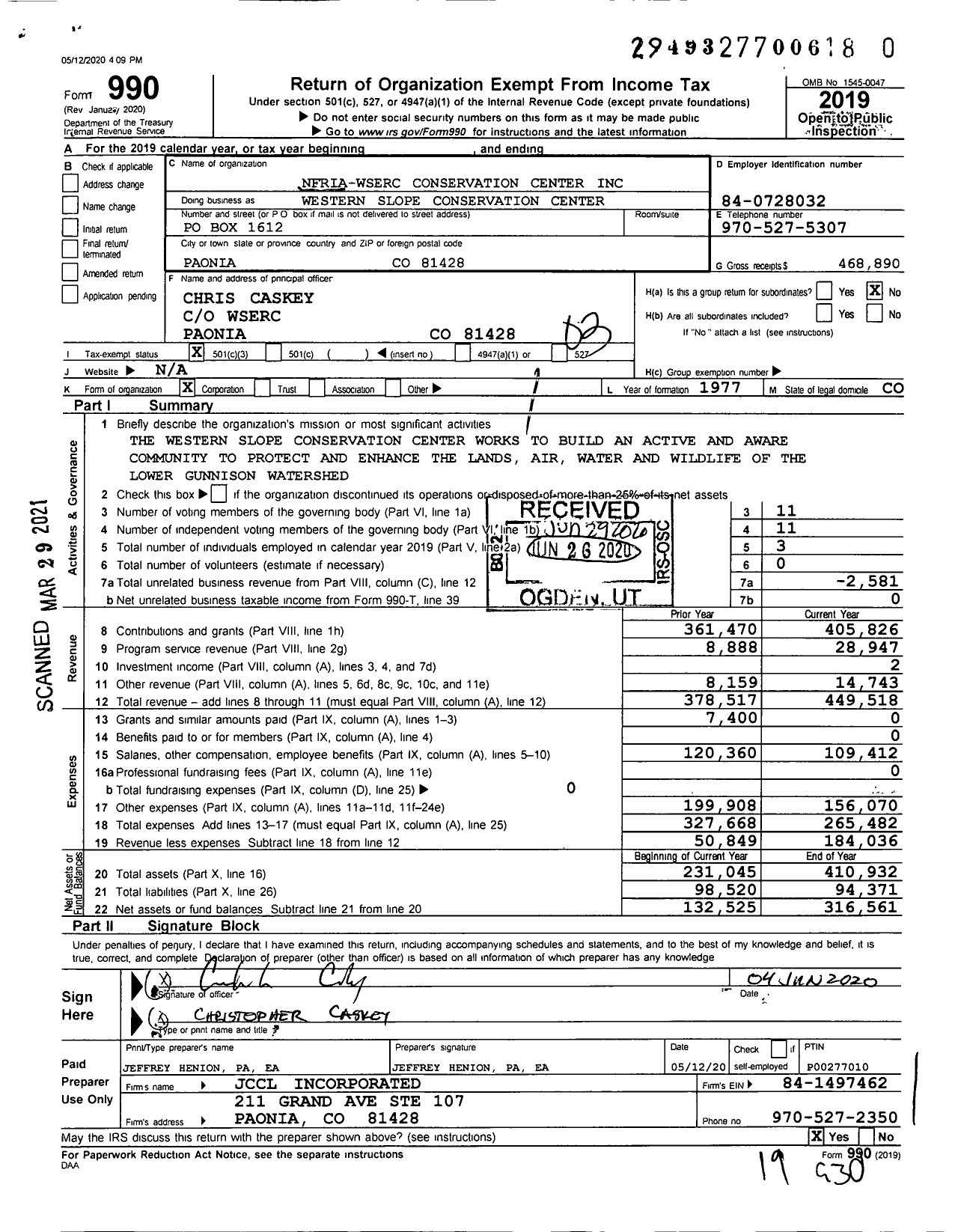 Image of first page of 2019 Form 990 for Western Slope Conservation Center