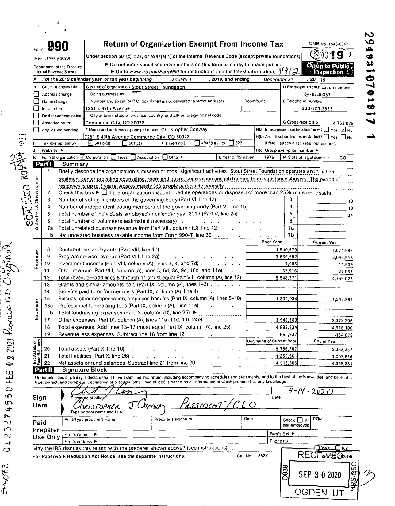 Image of first page of 2019 Form 990 for Stout Street Foundation