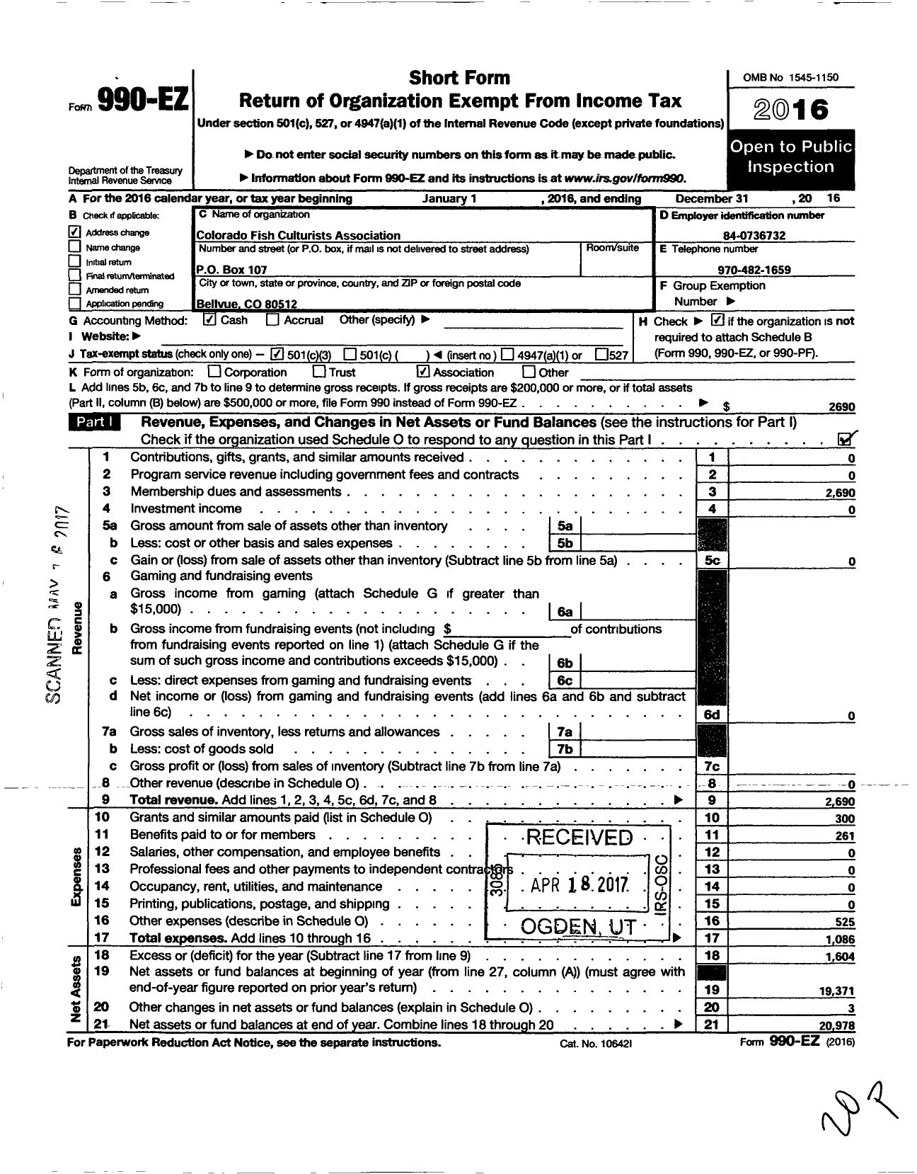 Image of first page of 2016 Form 990EZ for Colorado Fish Culturists Association