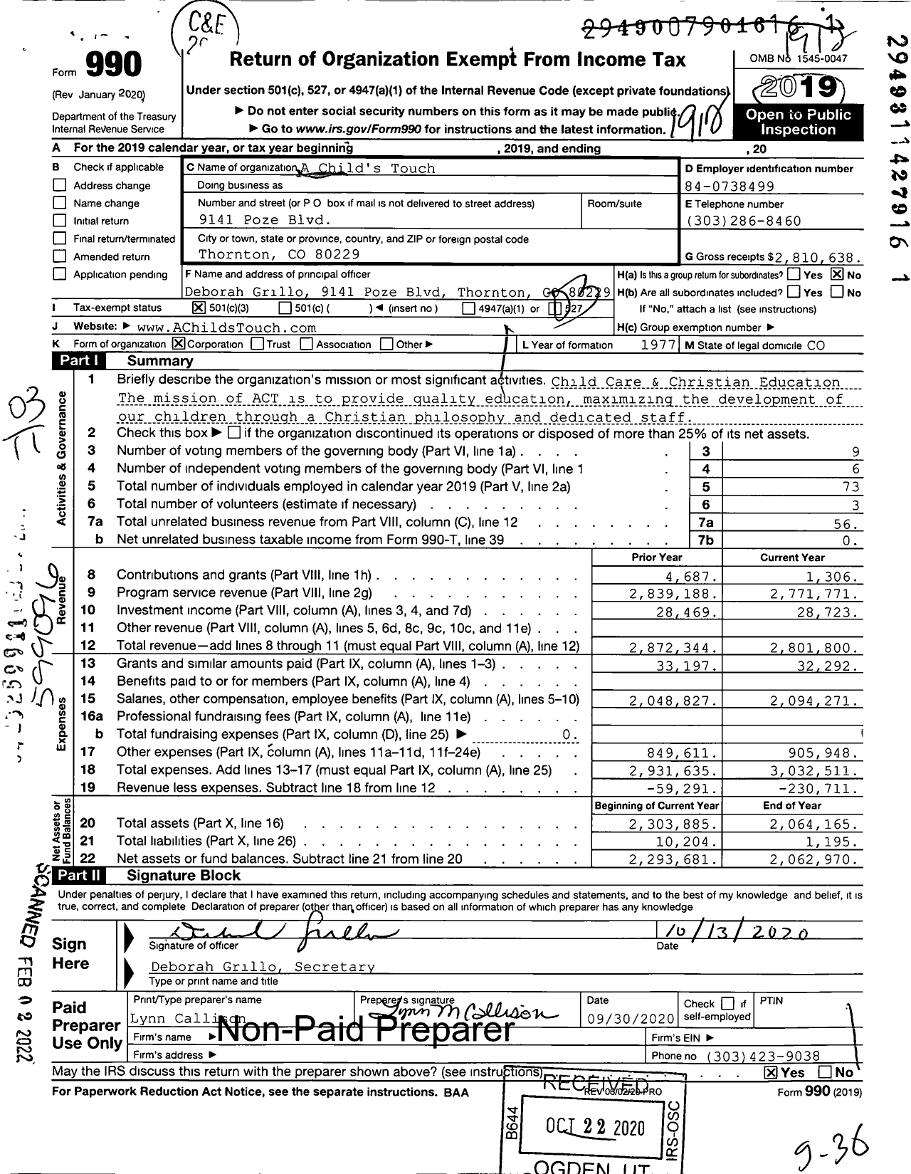 Image of first page of 2019 Form 990 for A Child's Touch