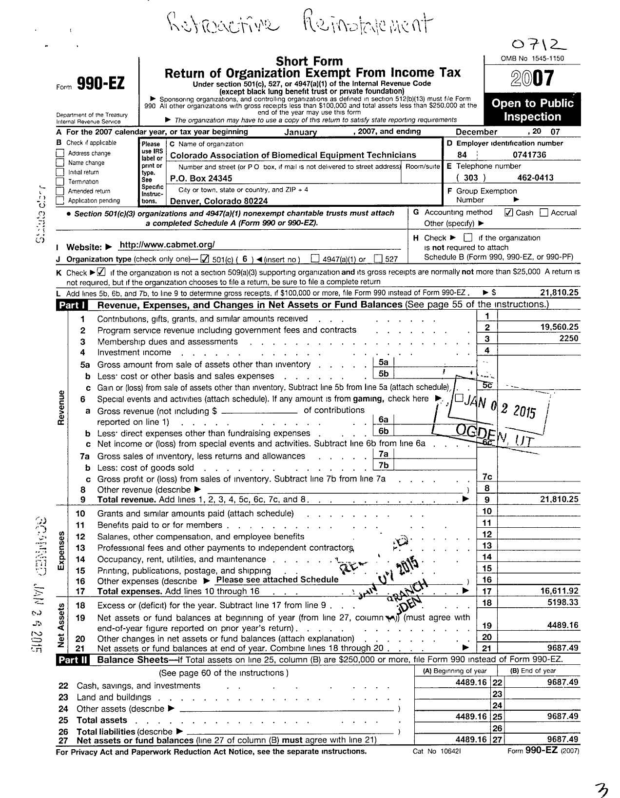 Image of first page of 2007 Form 990EO for Colorado Association of Biomedical Equipment Technicians