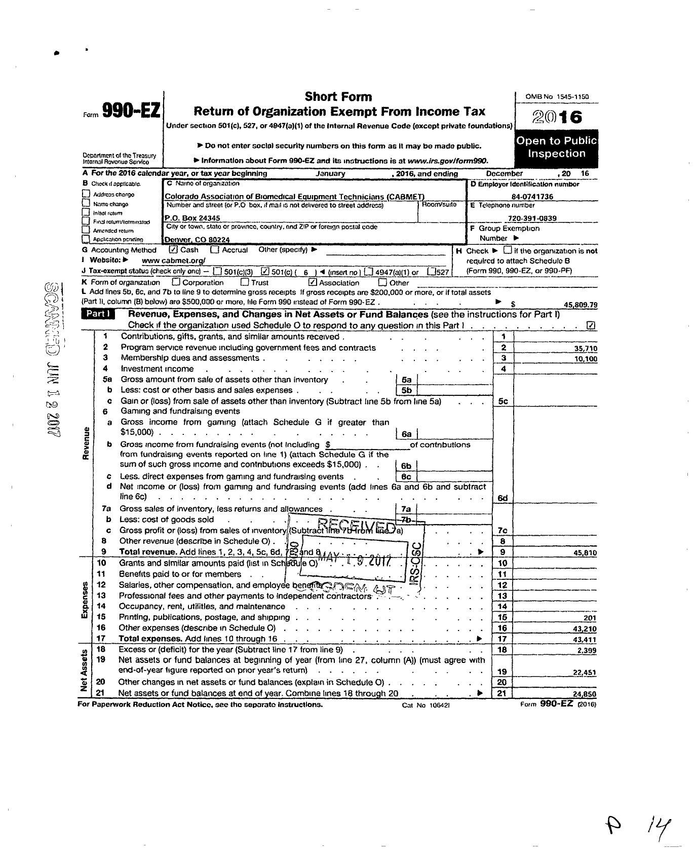 Image of first page of 2016 Form 990EO for Colorado Association of Biomedical Equipment Technicians