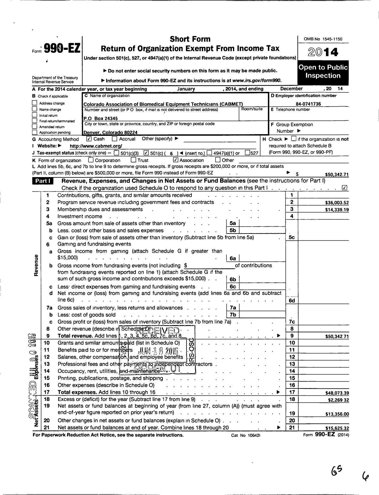 Image of first page of 2014 Form 990EO for Colorado Association of Biomedical Equipment Technicians