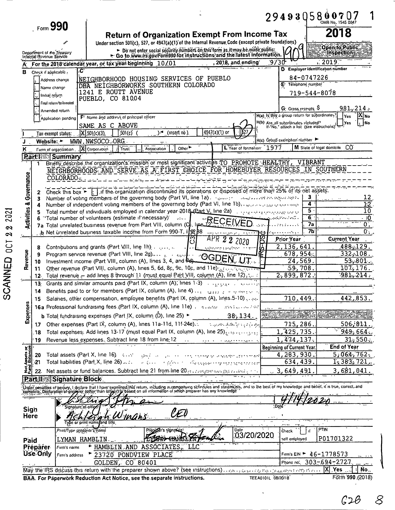 Image of first page of 2018 Form 990 for NeighborWorks Southern Colorado