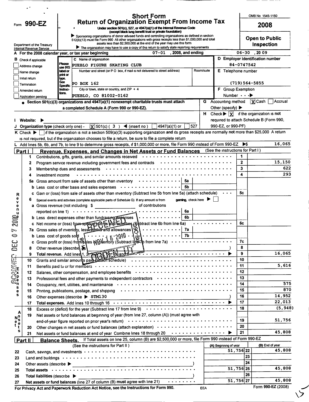 Image of first page of 2008 Form 990EZ for Pueblo Figure Skating Club