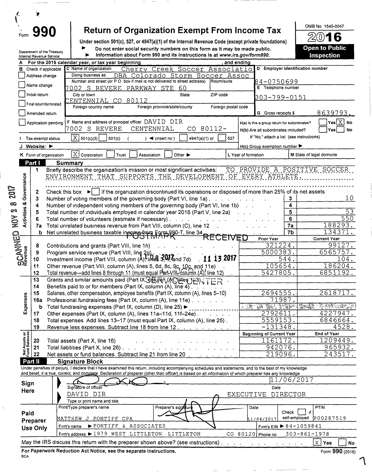 Image of first page of 2016 Form 990 for Cherry Creek Soccer Association