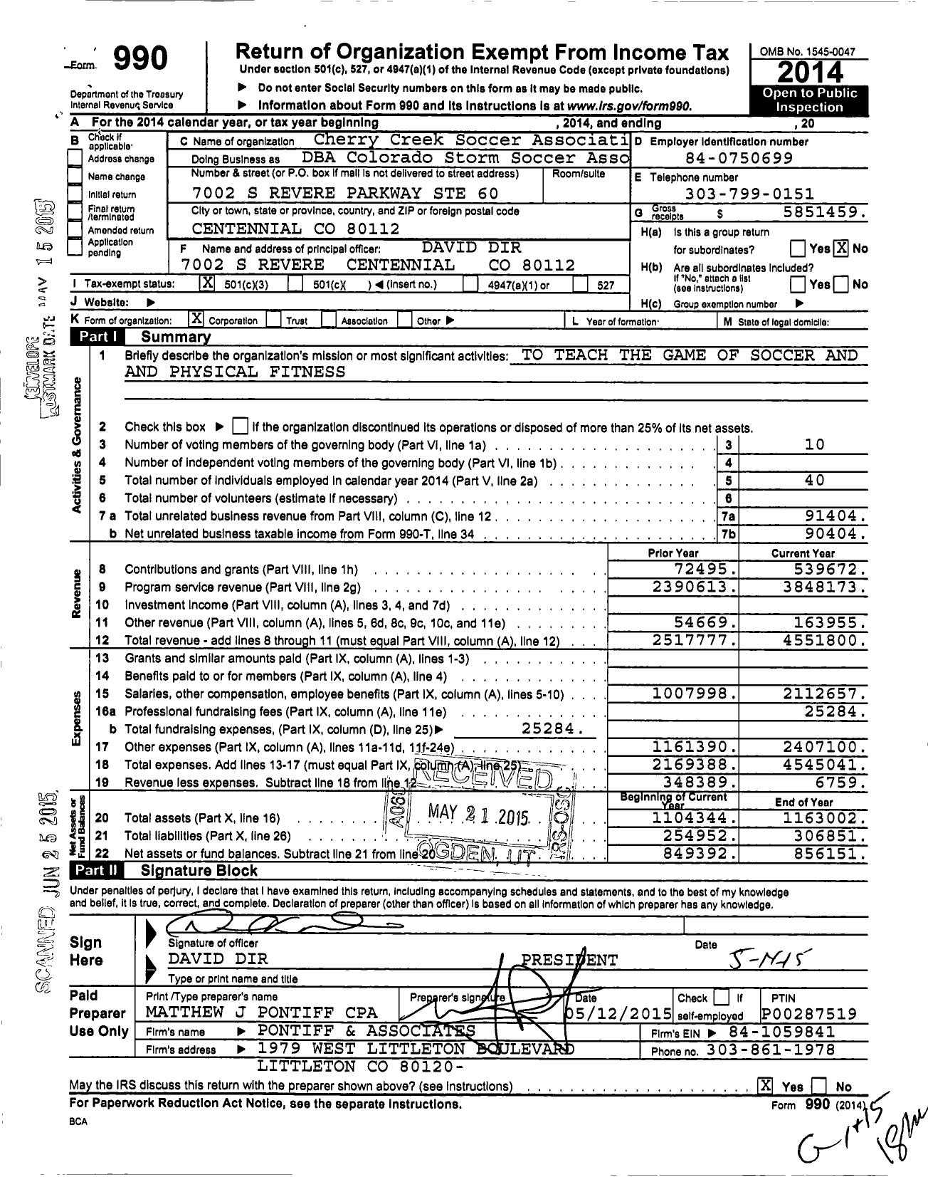 Image of first page of 2014 Form 990 for Cherry Creek Soccer Association