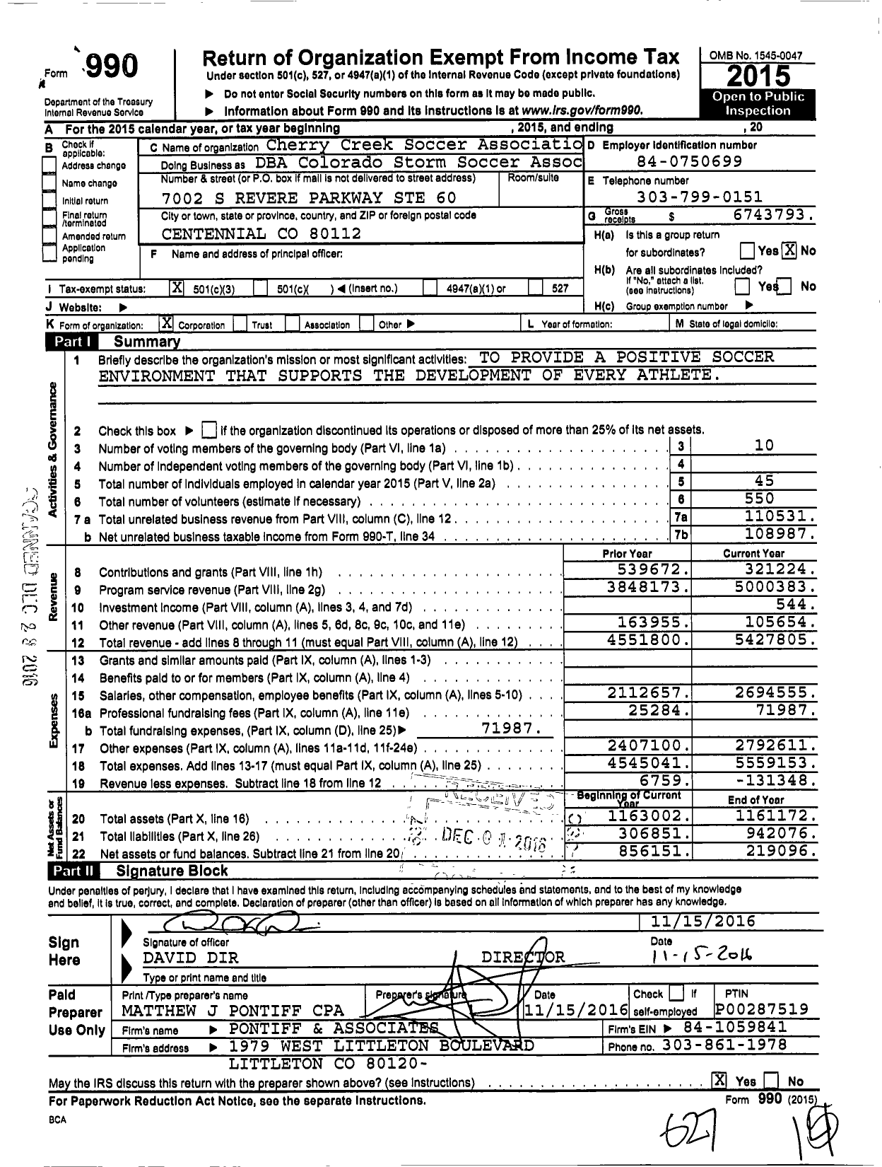 Image of first page of 2015 Form 990 for Cherry Creek Soccer Association