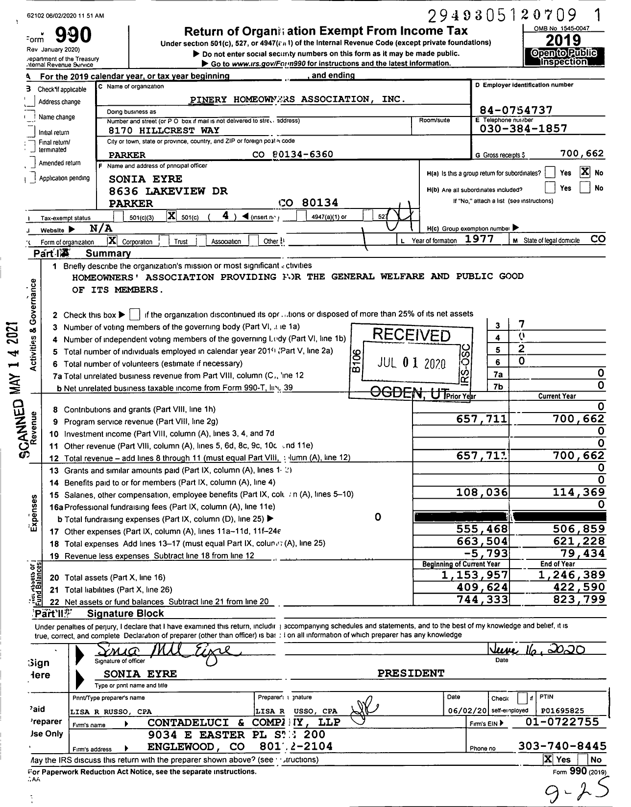 Image of first page of 2019 Form 990O for Pinery Homeowners Association