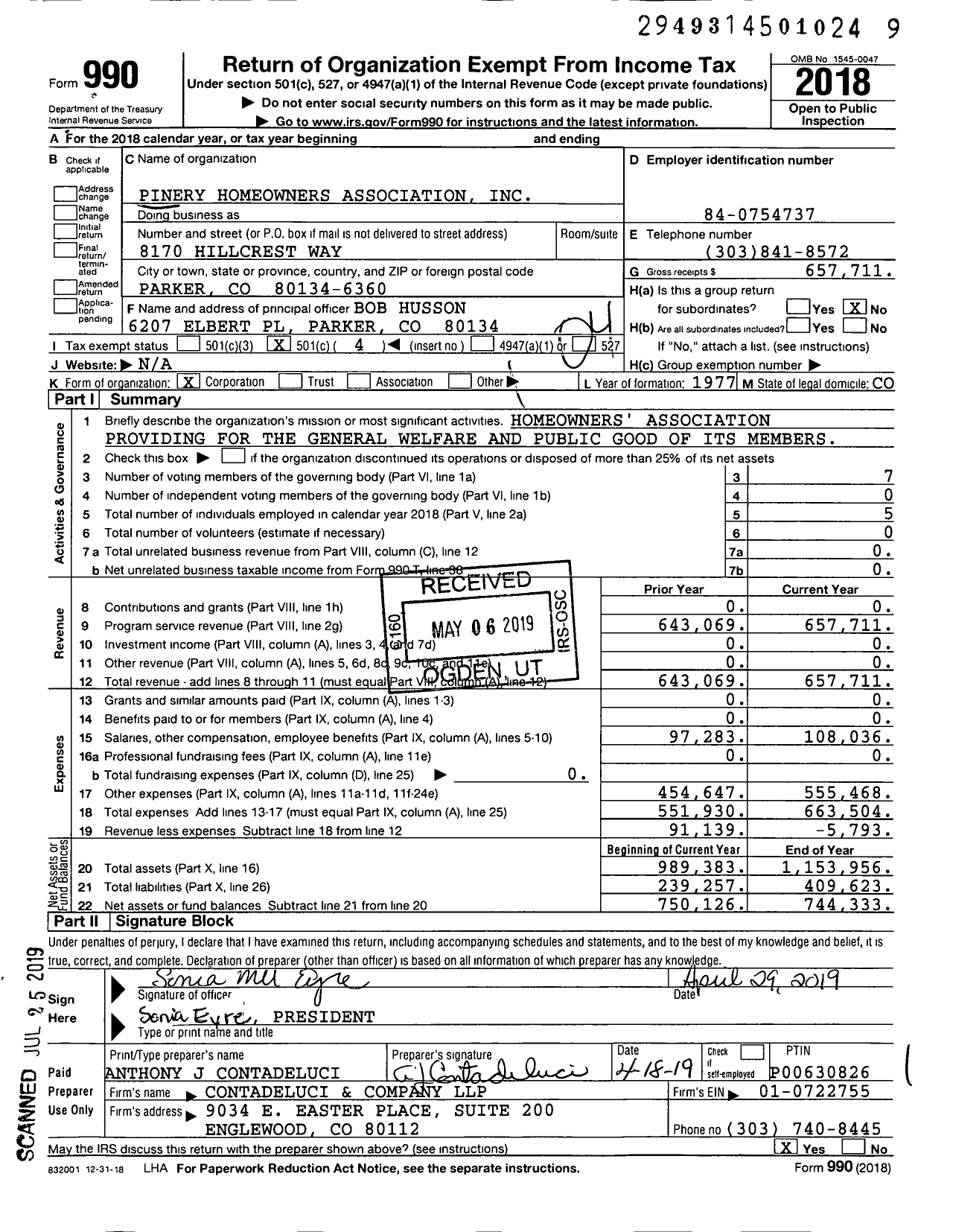 Image of first page of 2018 Form 990O for Pinery Homeowners Association