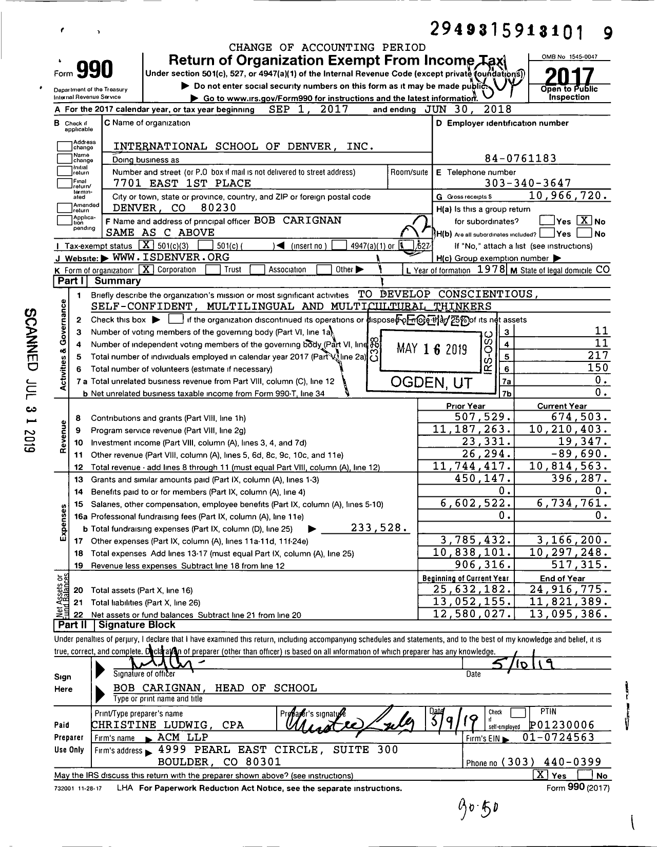 Image of first page of 2017 Form 990 for International School of Denver (ISD)