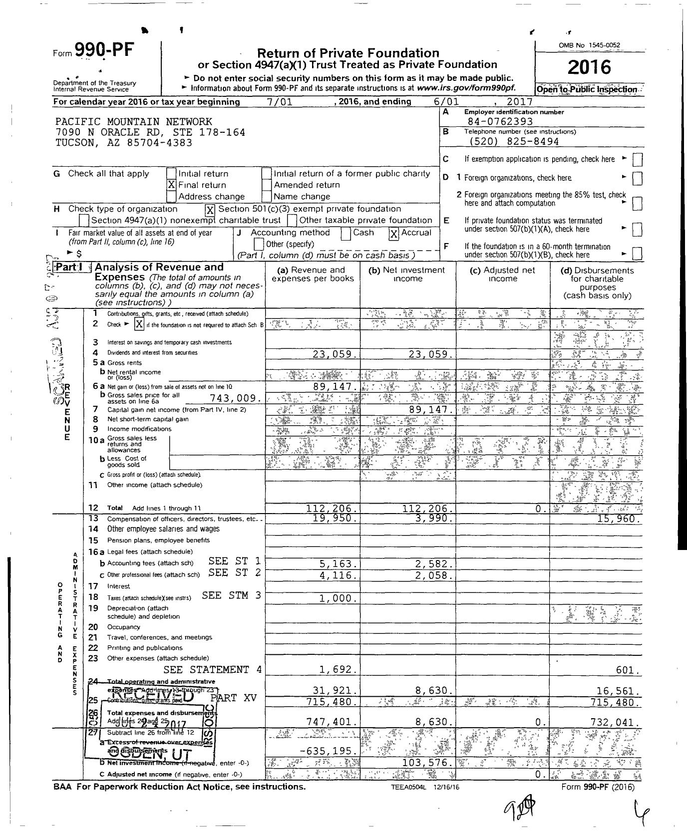 Image of first page of 2016 Form 990PF for Pacific Mountain Network