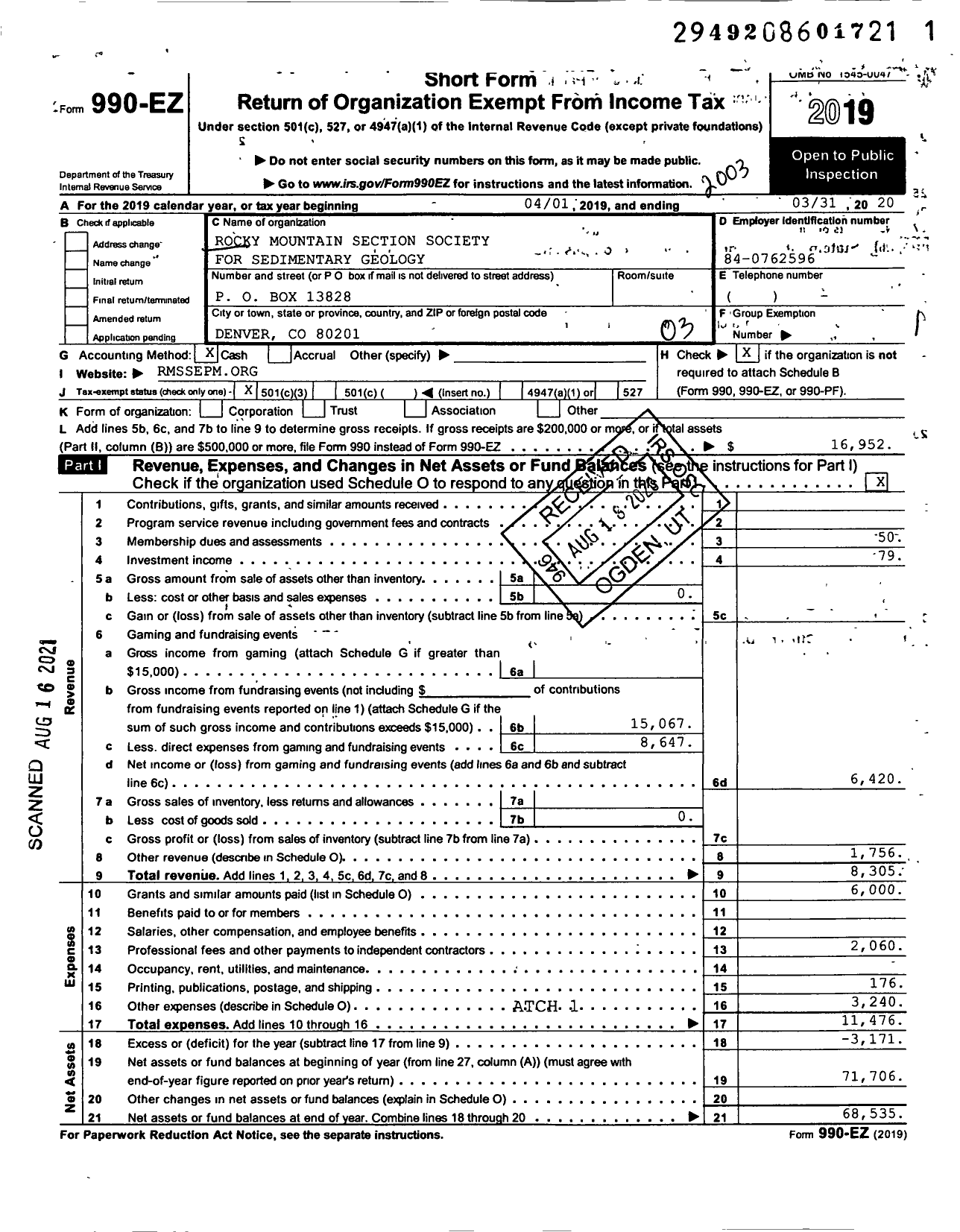 Image of first page of 2019 Form 990EZ for Rocky Mountain Section Society for Sedimentary Geology