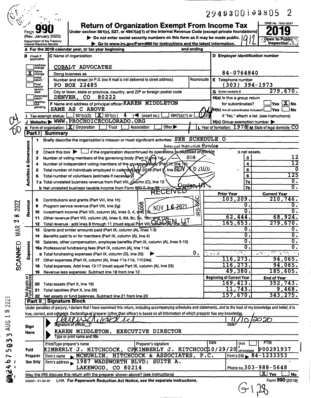 Image of first page of 2019 Form 990O for Cobalt Advocates