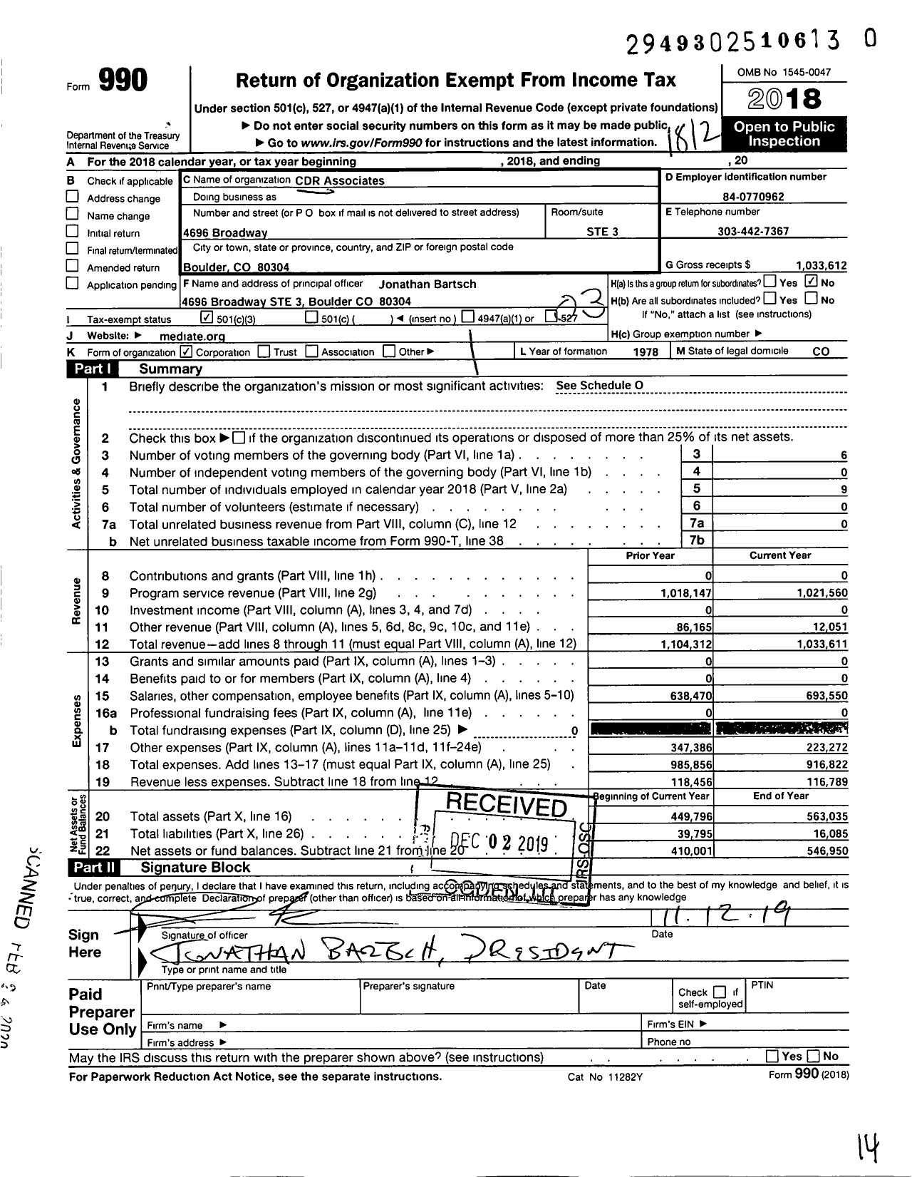 Image of first page of 2018 Form 990 for CDR Associates (CDR)