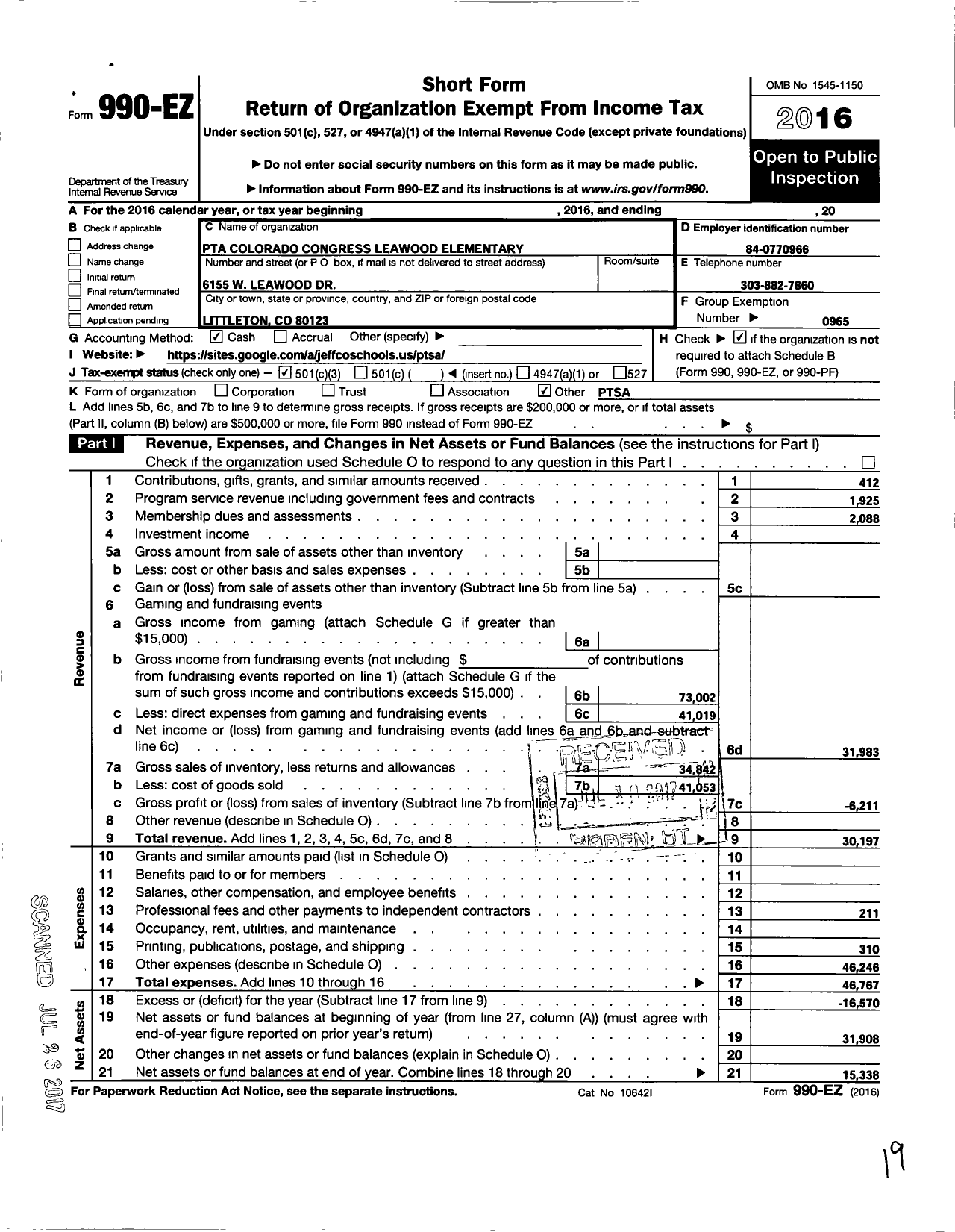 Image of first page of 2016 Form 990EZ for PTA Colorado Congress / Leawood Elementary Ptsa