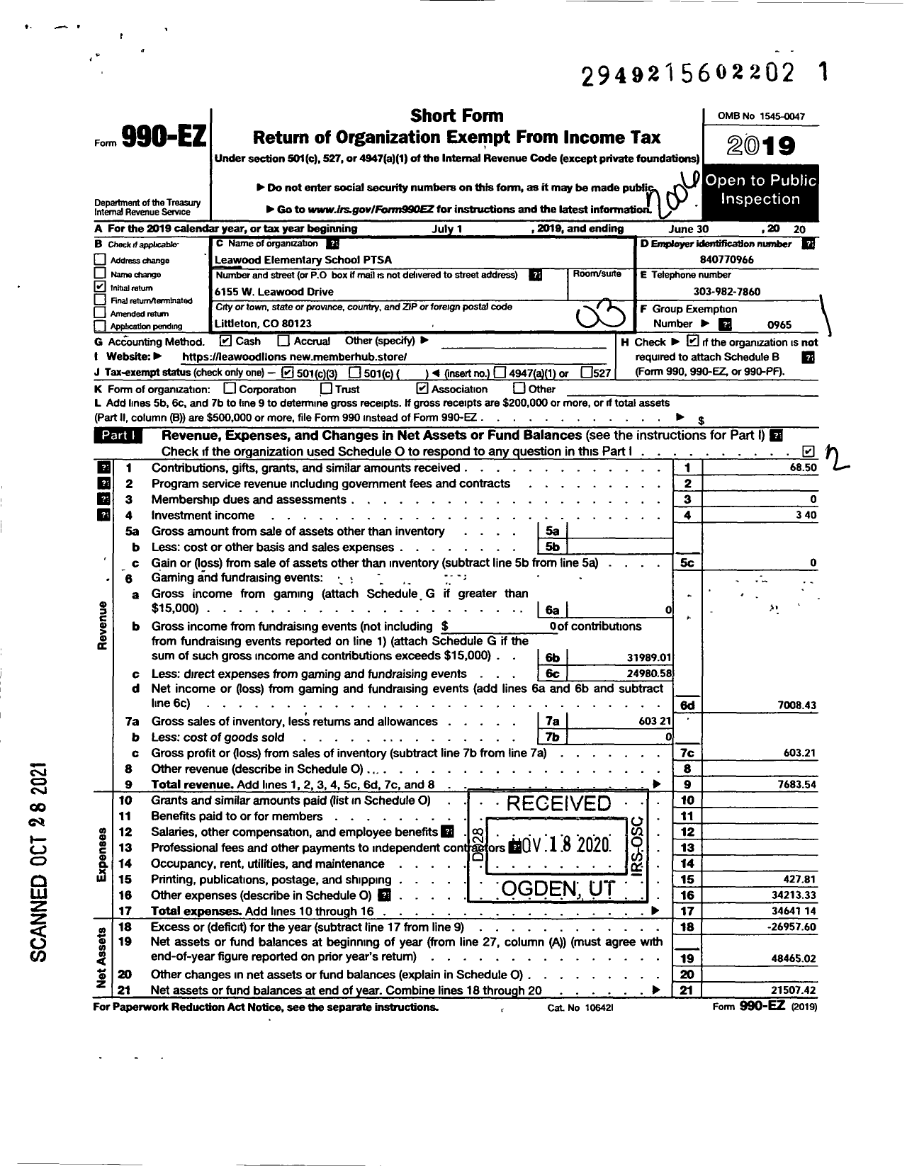 Image of first page of 2019 Form 990EZ for PTA Colorado Congress / Leawood Elementary Ptsa