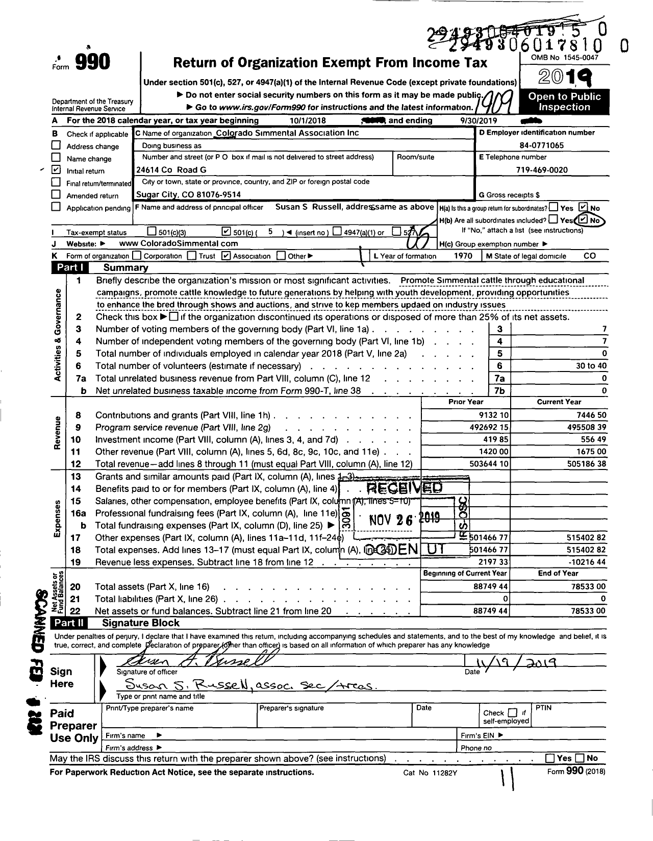 Image of first page of 2018 Form 990O for Colorado Simmental Association