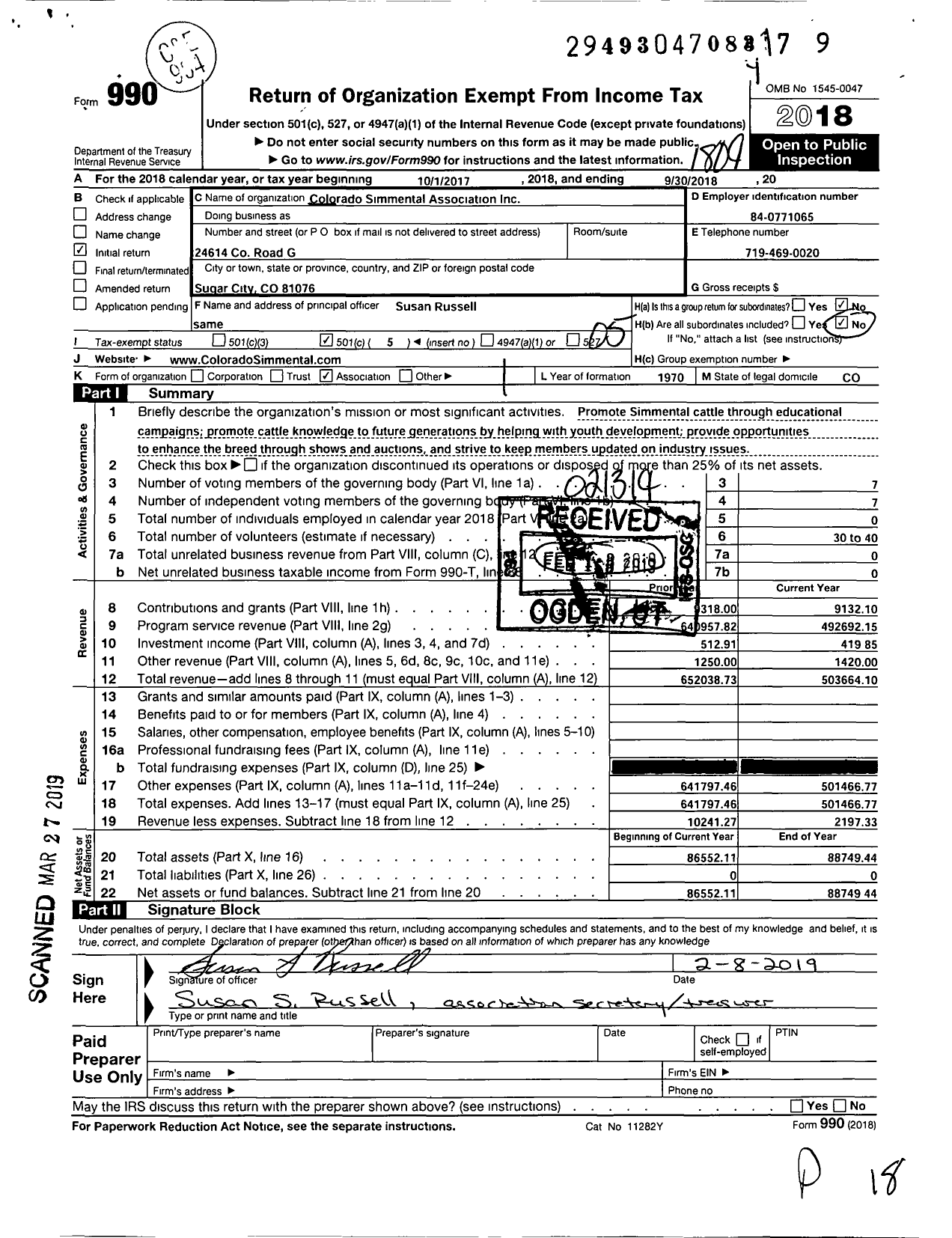 Image of first page of 2017 Form 990O for Colorado Simmental Association