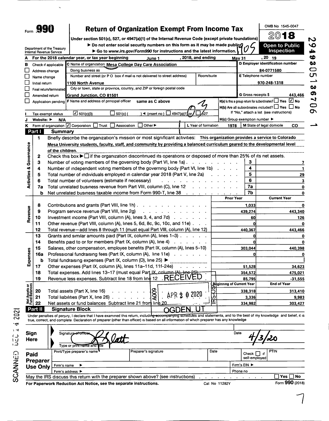 Image of first page of 2018 Form 990 for Mesa College Day Care Association