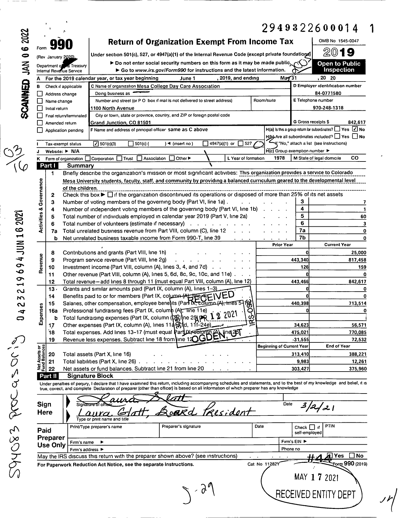 Image of first page of 2019 Form 990 for Mesa College Day Care Association