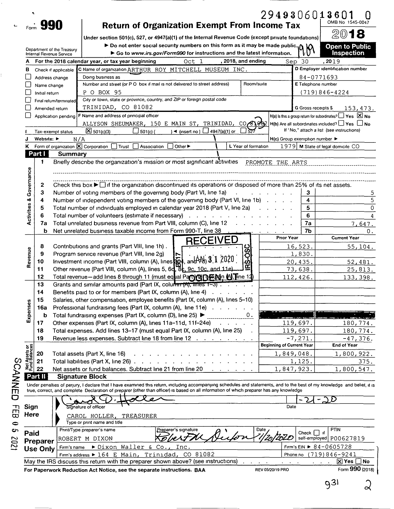 Image of first page of 2018 Form 990 for Arthur Roy Mitchell Museum